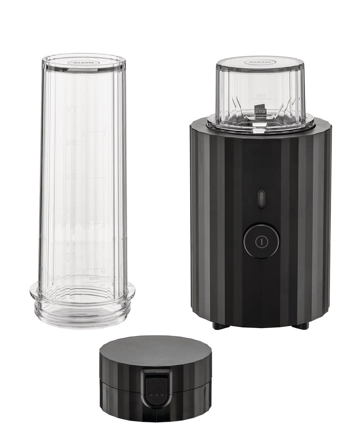 Alessi Plissé Smoothie Maker MDL17 in Schwarz, bestehend aus Behälter, Basis und Deckel.