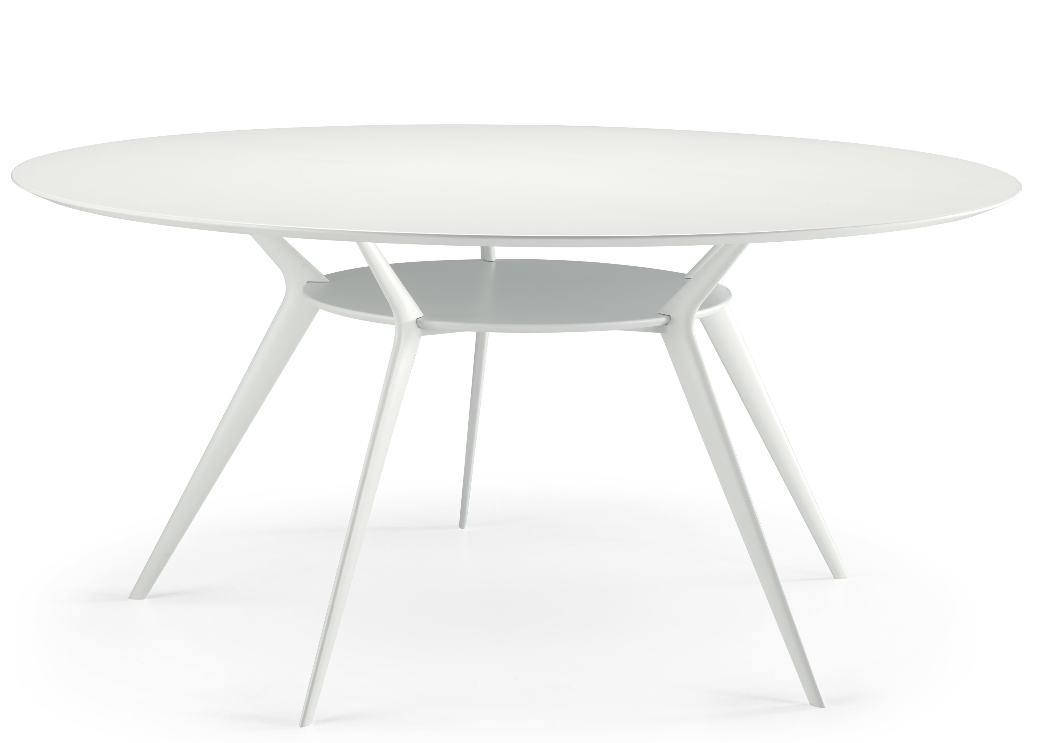 Weißer Biplane Tisch mit runder Tischplatte und drei Beinen, modernes Design für Esszimmer und Küche.
