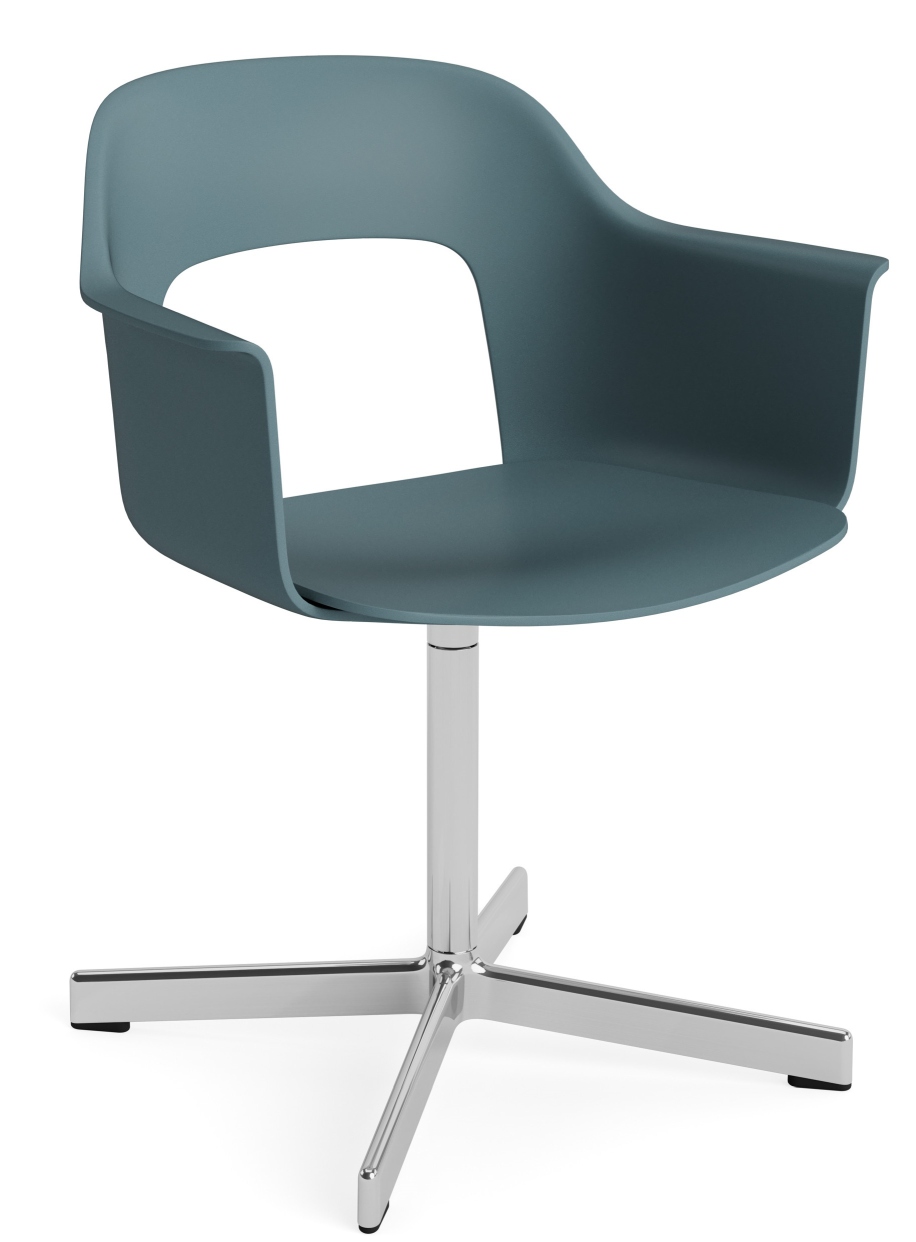 Layout Armchair von Hay: Moderner Bürostuhl in Petrol mit Armlehnen und Drehfuß aus Chrom.