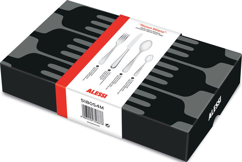 Verpackung der Alessi Nuovo Milano Besteckgarnitur, 24-teiliges Edelstahl Besteckset, modernes Design für den gedeckten Tisch.