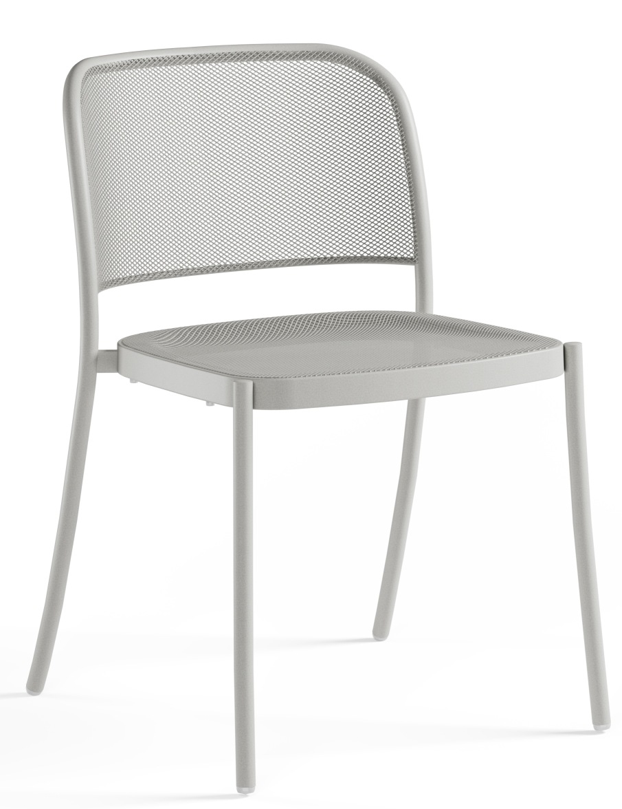 Café Chair Stuhl von Emu für den Außenbereich, hellgrauer Metallstuhl mit Netzstruktur.