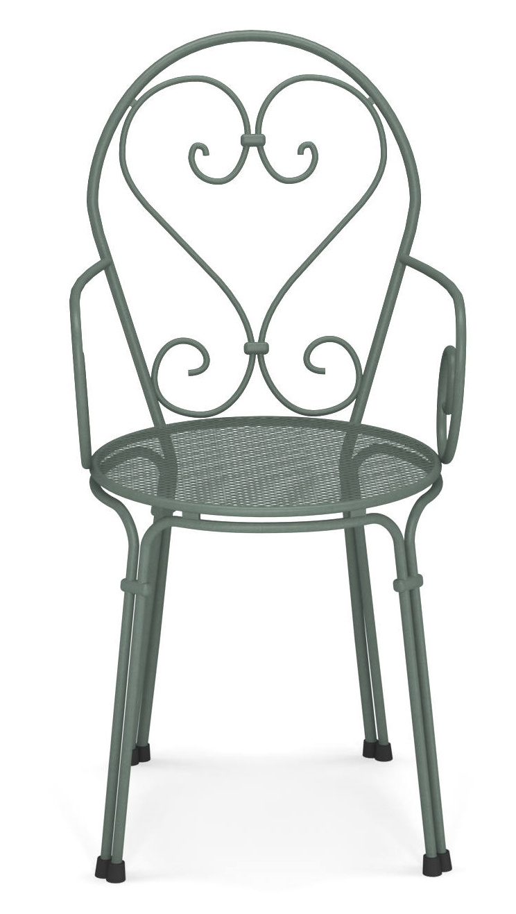 Pigalle Stuhl Outdoor Emu aus Metall, olivgrün, mit geschwungenen Armlehnen und herzförmiger Rückenlehne.