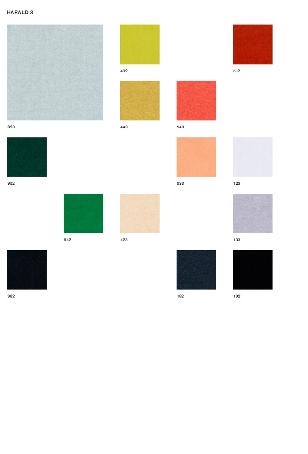 Stoffmusterkarte Harald von Kvadrat: Farbpalette mit Stoffmustern in verschiedenen Farben und Nummern für Möbelstoffe.