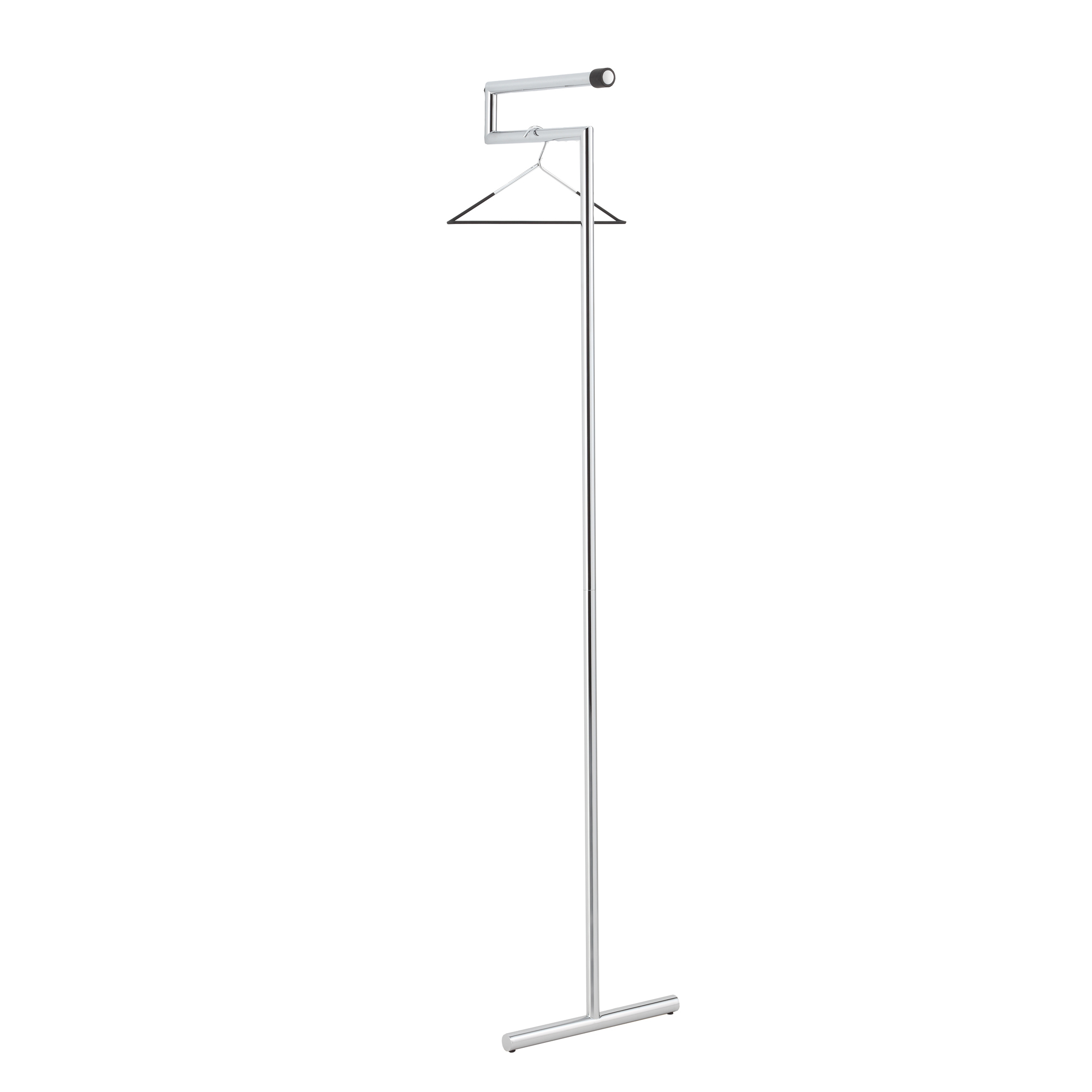 Snap Anlehngarderobe von Mox, chrom matt gebürstet, mit Kleiderbügel. Moderne Garderobenlösung für Flur und Büro.