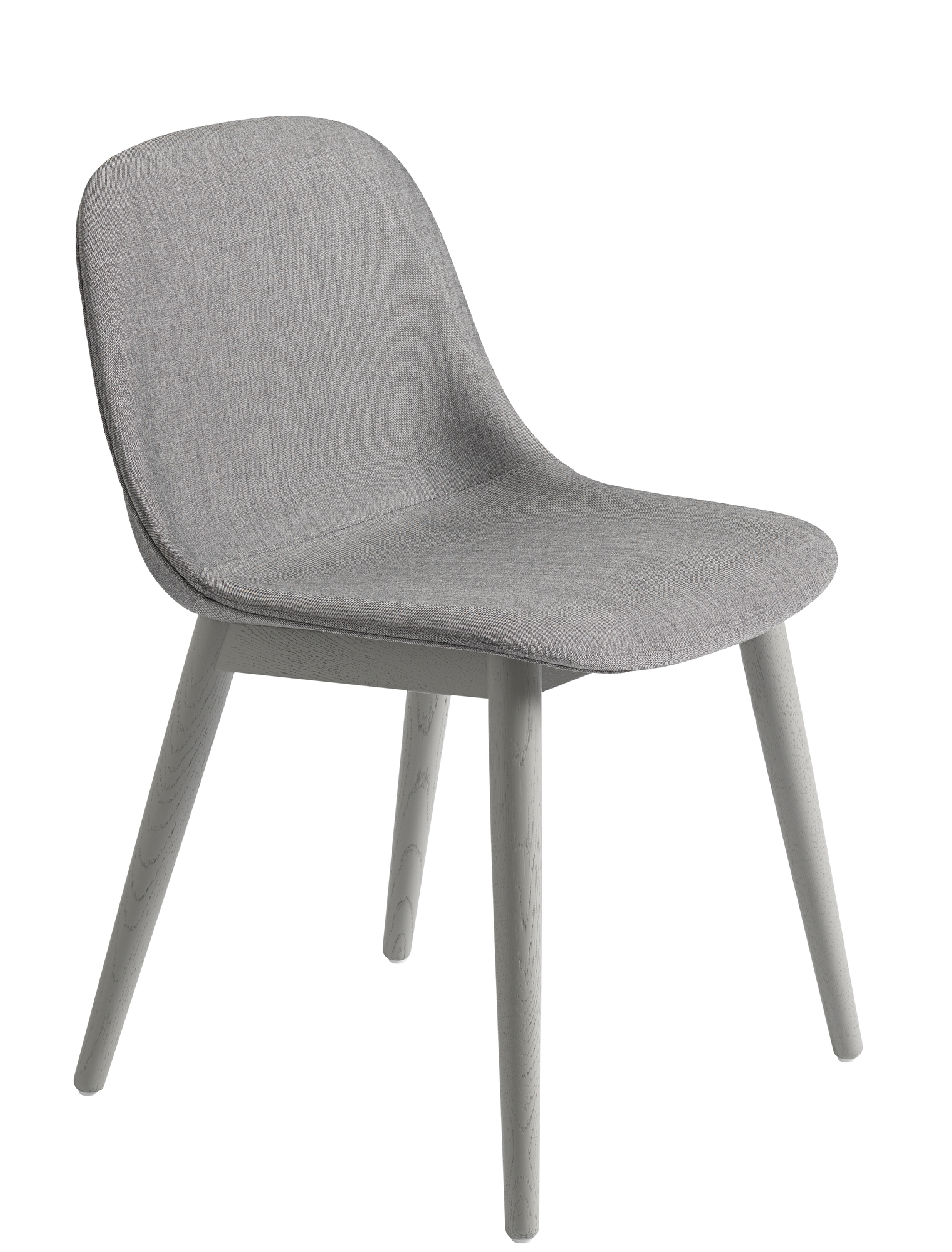 Muuto Fiber Side Chair mit Holzgestell, grauer Stoffbezug, moderner skandinavischer Stuhl für Esszimmer und Wohnbereich.