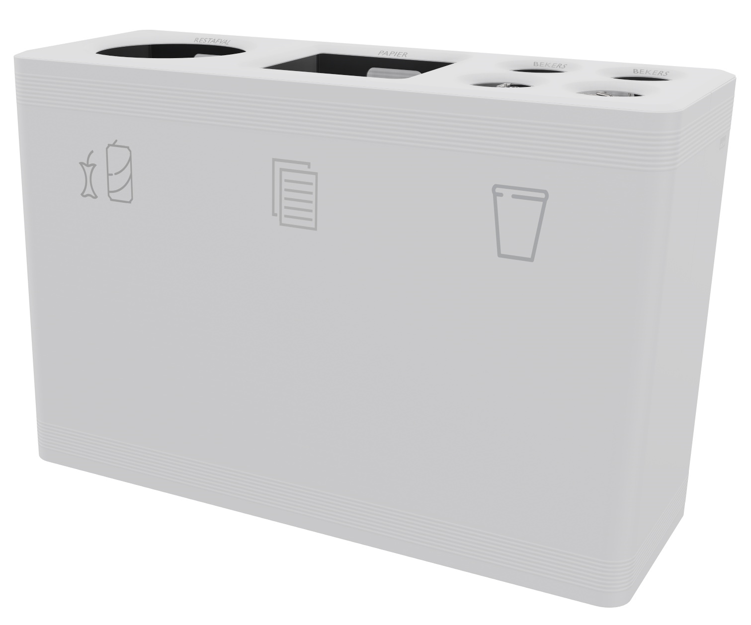 Weißes Ditch Abfalltrennsystem Functionals mit drei Fächern für Restmüll, Papier und Becher, ideal für Büro oder Küche.