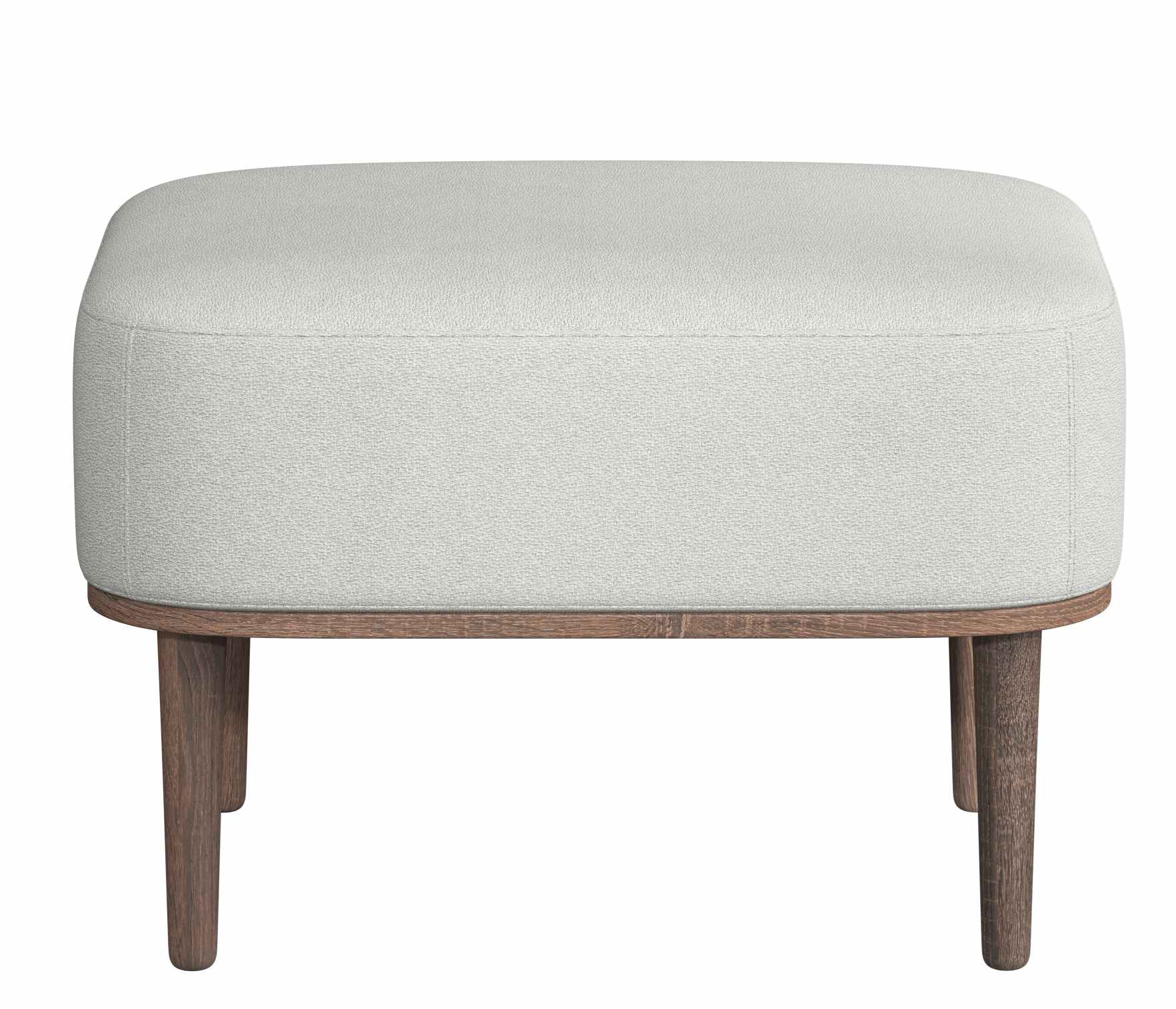 Serena Pouf Ottoman mit hellem Bezug und dunkel gebeiztem Eichenholz Gestell. Fußhocker.