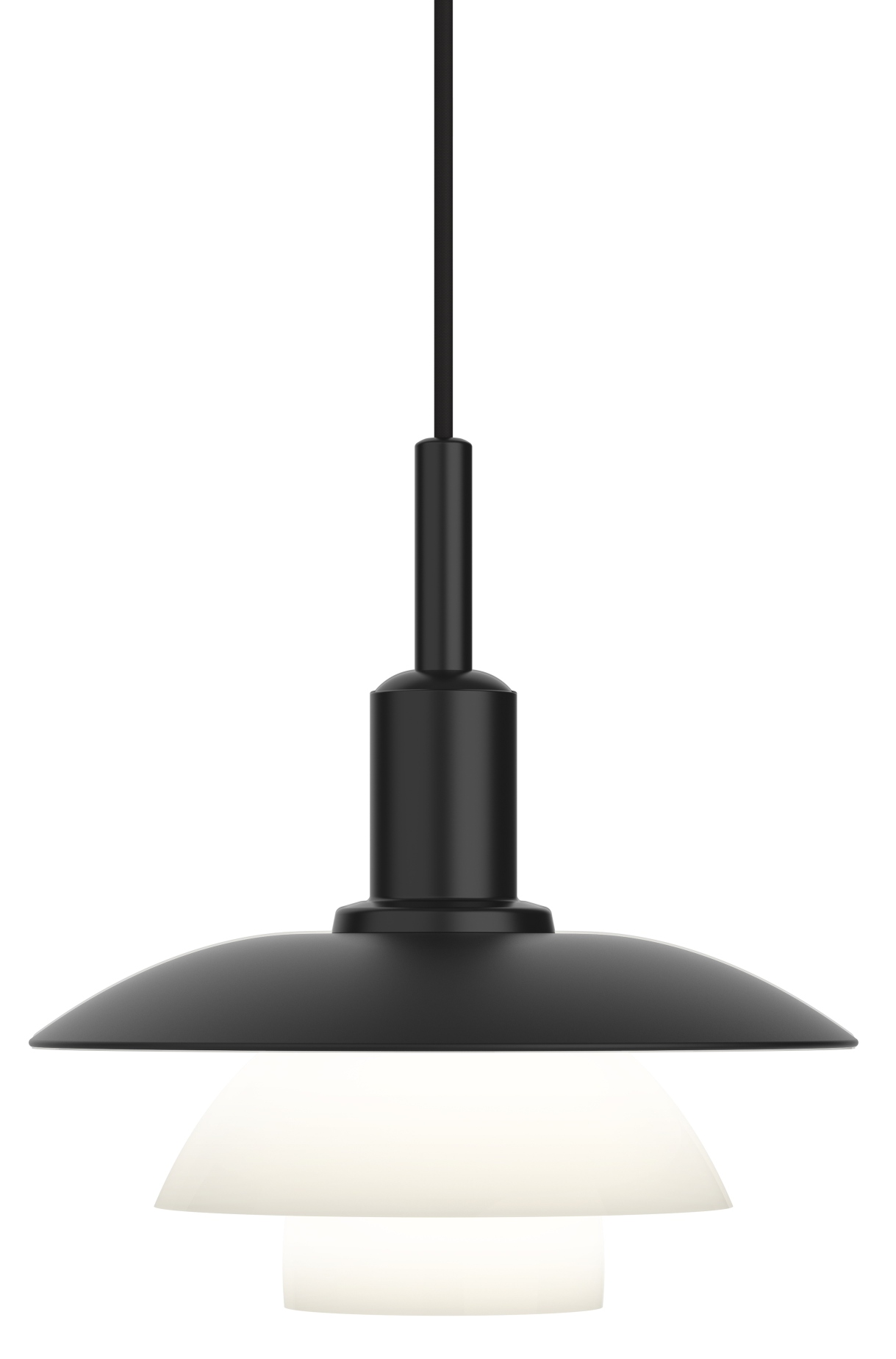 Schwarze PH 5/5 Pendelleuchte von Louis Poulsen, modernes Design für stilvolle Beleuchtung im Wohnraum.