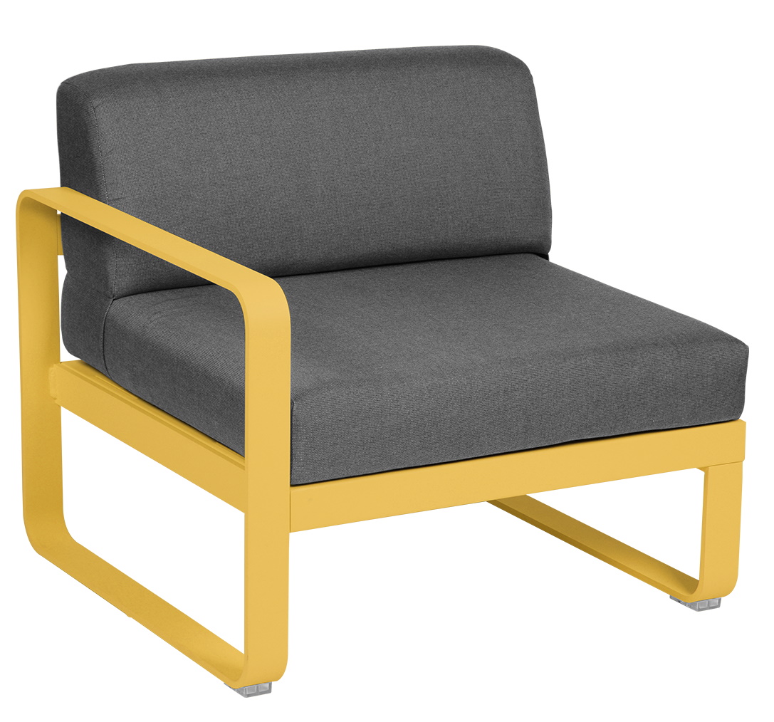 Bellevie Outdoor Sofa Modul links, gelbes Gestell, graue Polsterung, 1-Sitzer, Gartenmöbel.