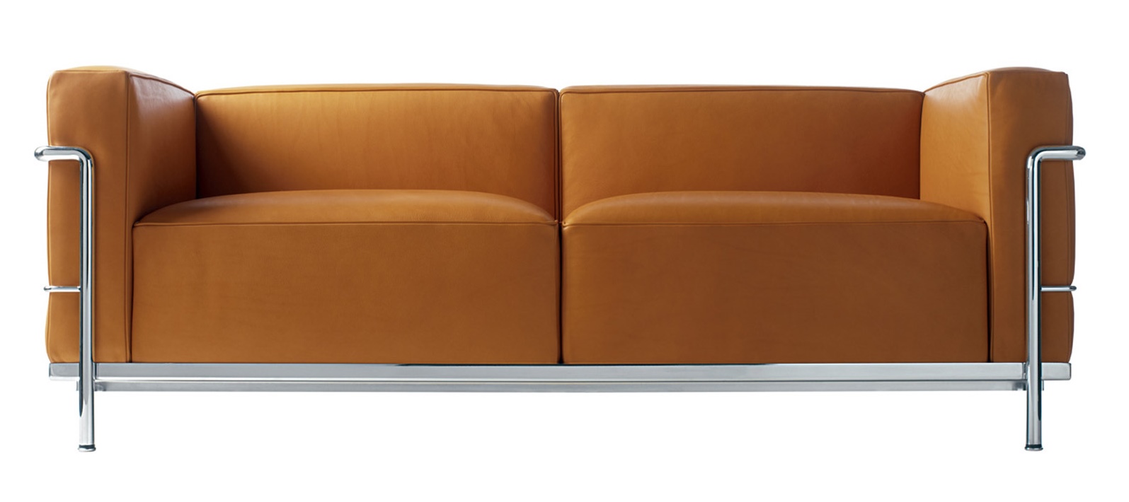 Braunes Cassina Sofa, Modell Grand Confort, Zweisitzer mit verchromtem Stahlrohrgestell. Modernes Designmöbel.