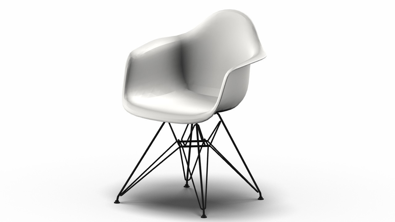 Weißer Eames Plastic Arm Chair DAR Stuhl von Vitra mit schwarzem Eiffelturm-Untergestell. Designklassiker für Wohnen und Büro.