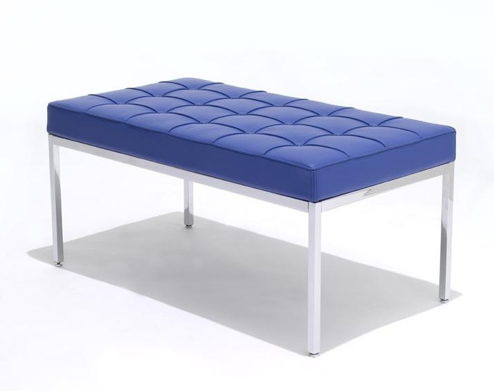 Florence Bank von Knoll International, blaue Lederbank mit gesteppter Sitzfläche und Chromgestell.