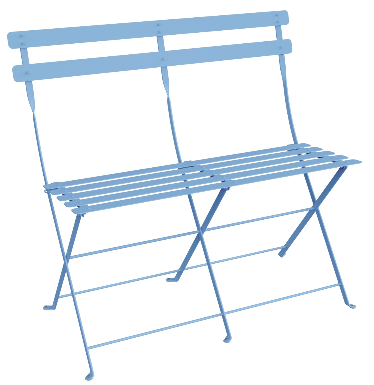 Hellblaue Fermob Bistro Klappbank für zwei Personen, ideal für Garten, Balkon oder Terrasse.