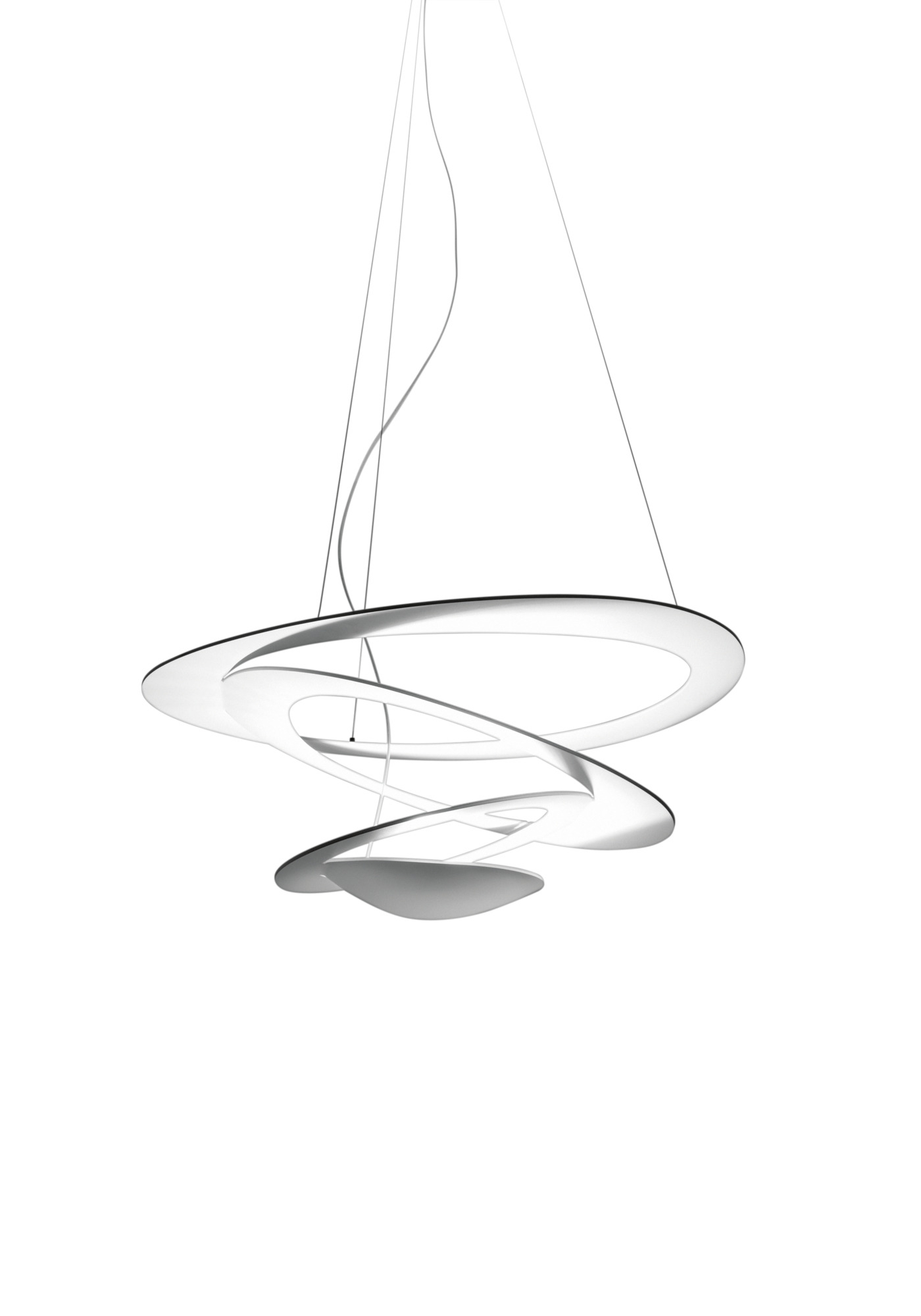Weiße Pirce Mini Pendelleuchte von Artemide mit filigranem, modernem Design und indirektem Licht.