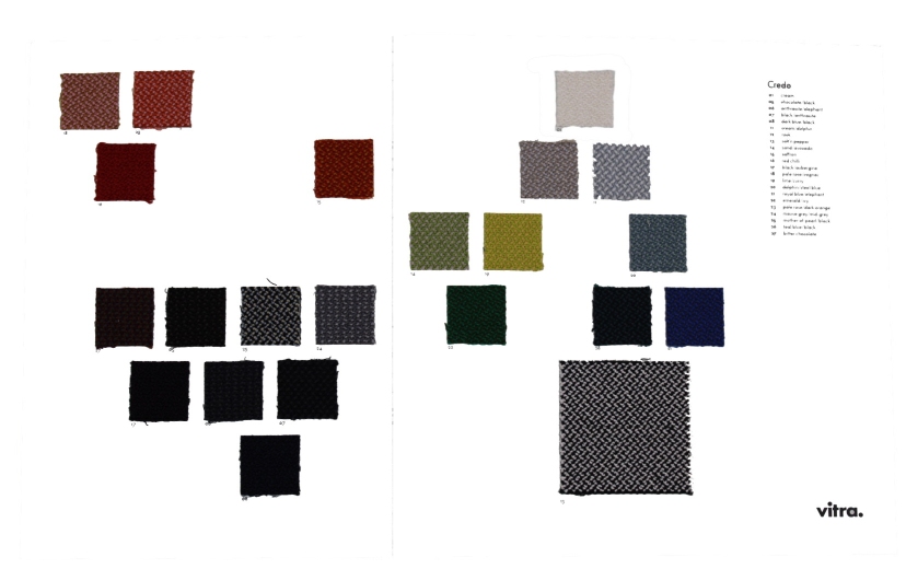 Stoffmusterkarte Credo von Vitra mit verschiedenen Farben und Texturen für Möbelstoffe.