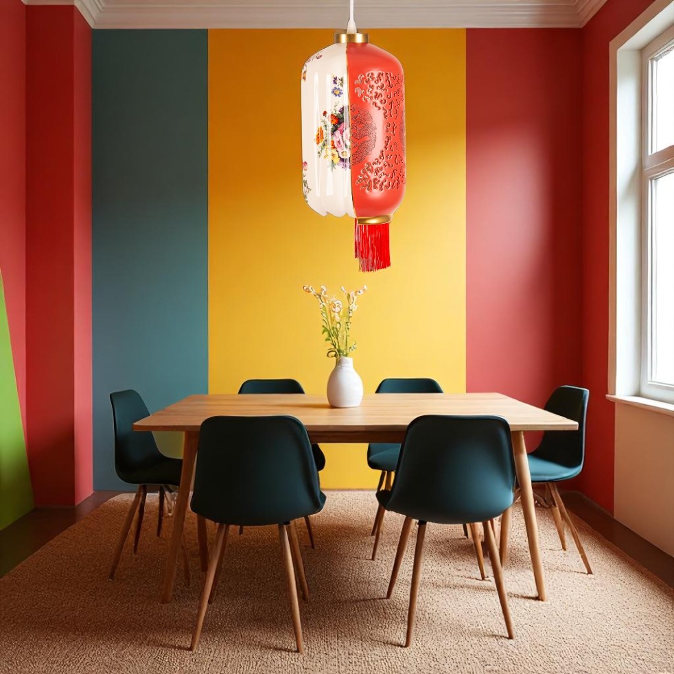 Hybrid Inalda Deckenleuchte von Seletti im Esszimmer, rot-weißes Laternen-Design mit floralen Mustern und Quasten.