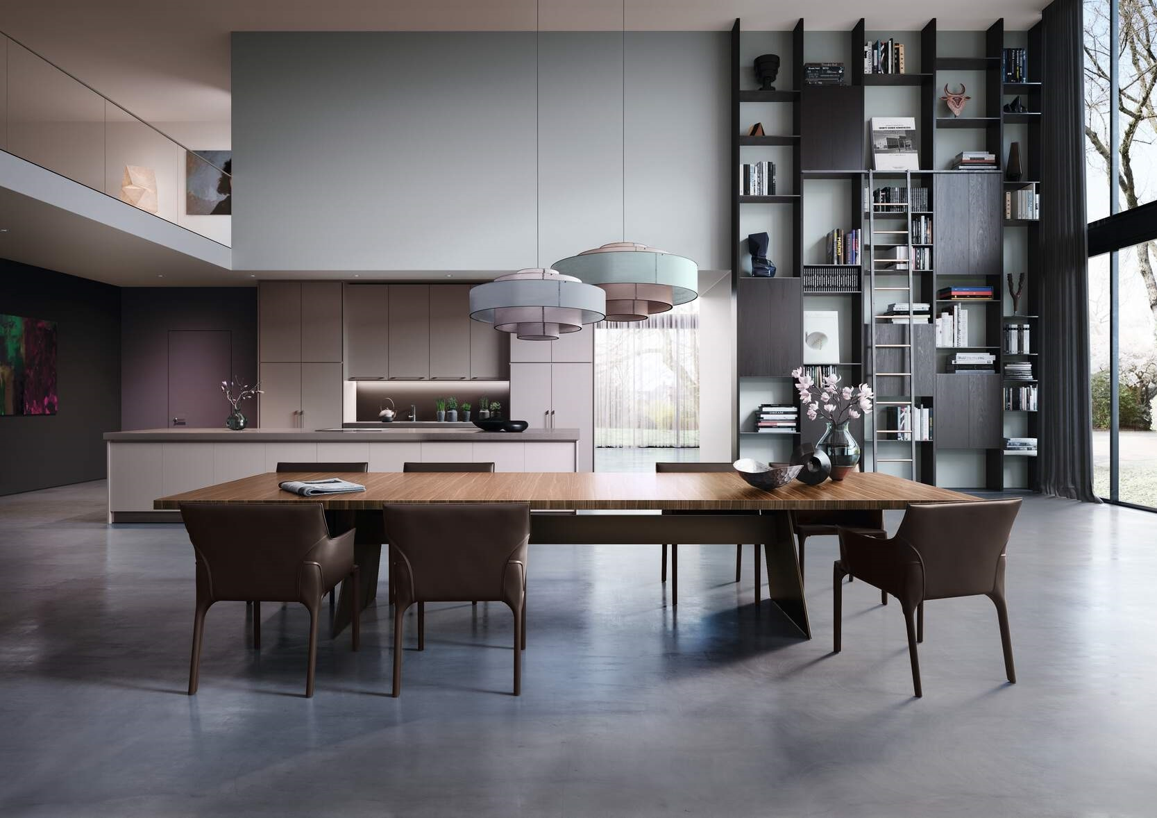 Heller Raum mit Walter Knoll Tadeo Table Esstisch aus Holz und braunen Lederstühlen.