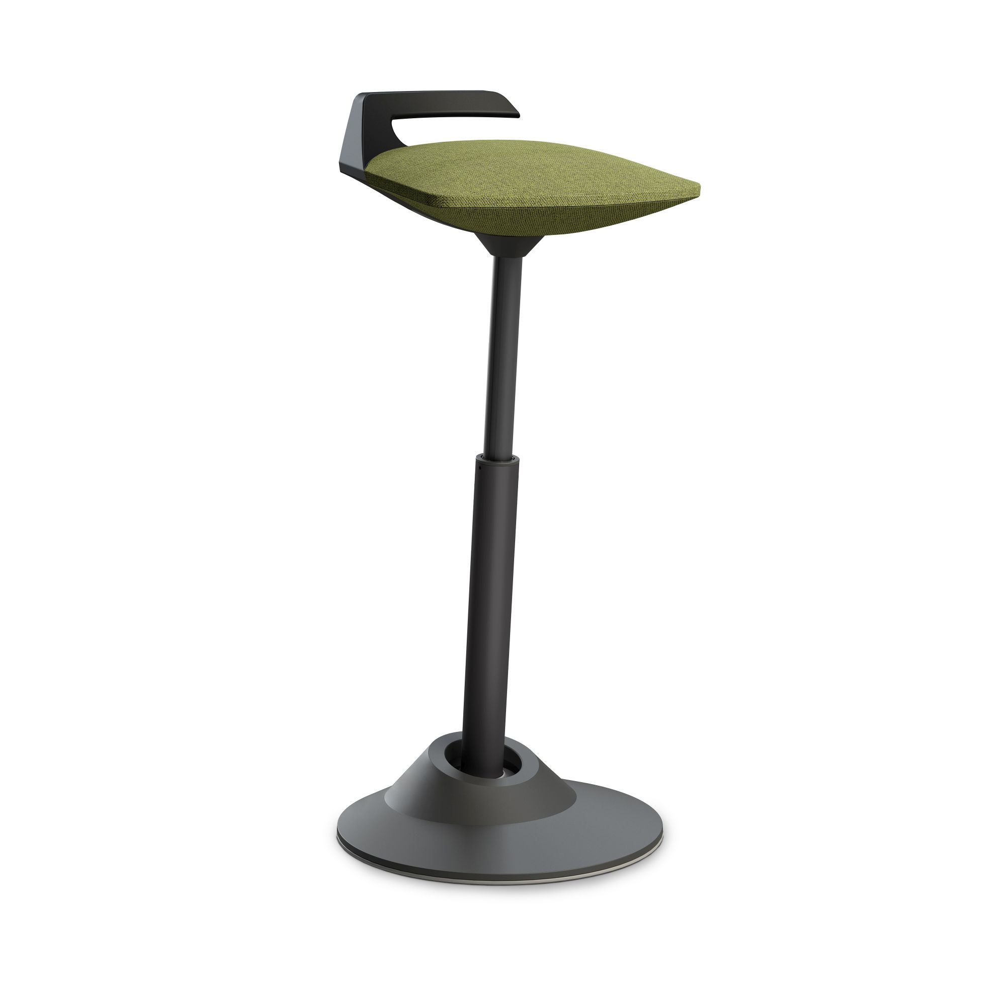 Ergonomischer Steh-Sitz-Hocker in Grün mit schwarzem Fuß und Griff für Büro und Zuhause.