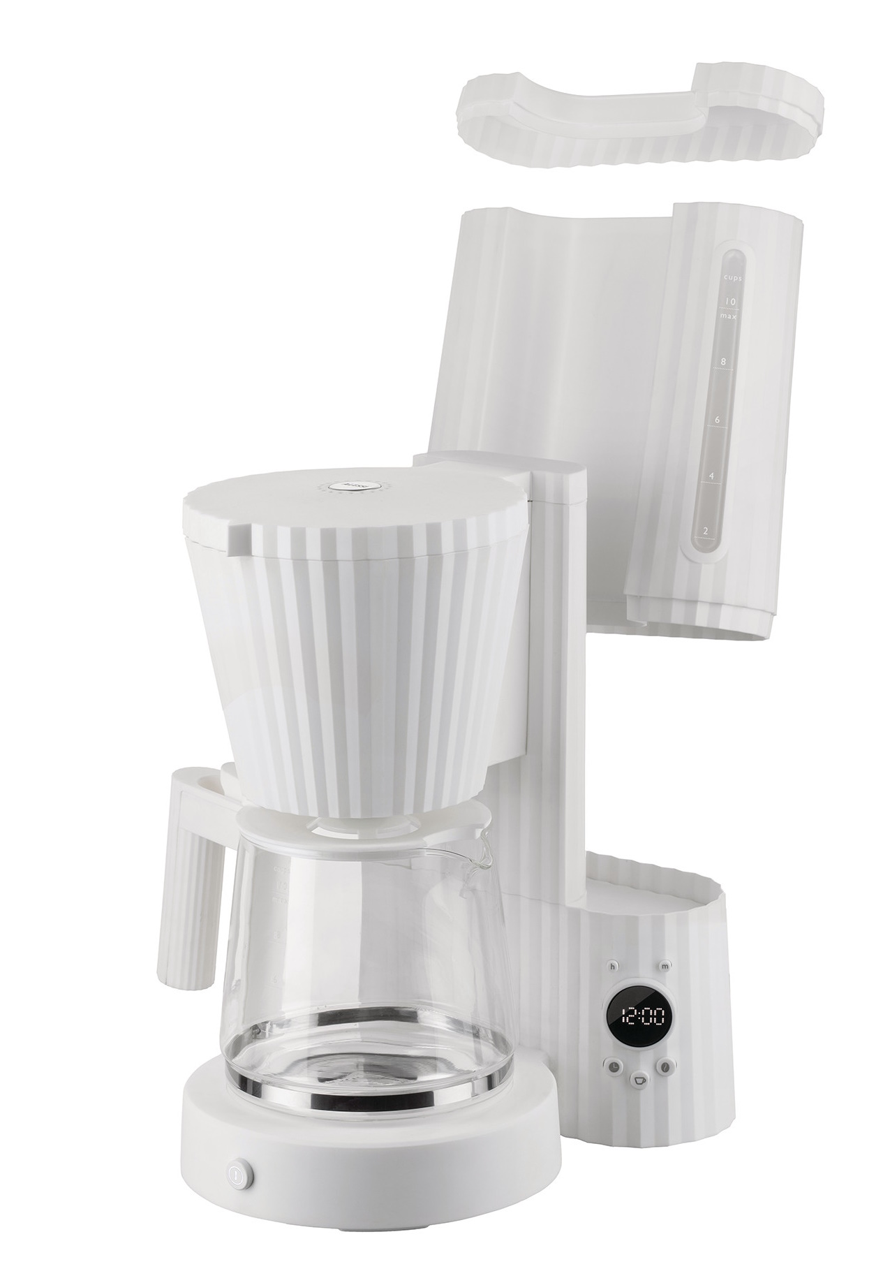 Produktfoto: Weiße Alessi MDL14 Plissé Filterkaffeemaschine mit Glaskanne, ideal für aromatischen Filterkaffee.