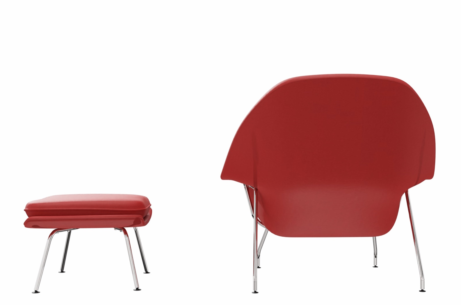 Roter Womb Chair Sessel mit Hocker von Knoll International, modernes Designmöbel für Wohnzimmer.