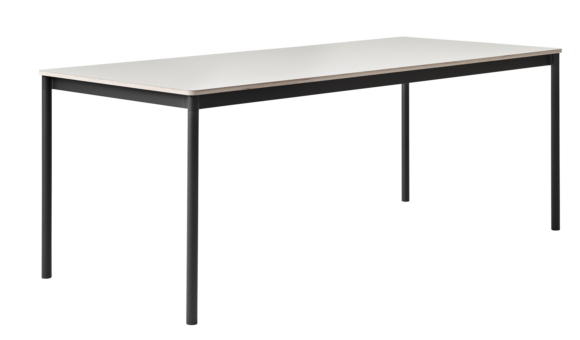 Muuto Base Table Tisch mit weißer Tischplatte und schwarzem Gestell, modernes Design für Büro und Zuhause.