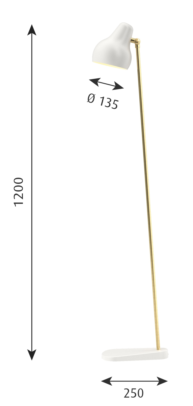 VL38 Stehleuchte von Louis Poulsen in Weiß und Gold mit Maßangaben für E-Commerce.