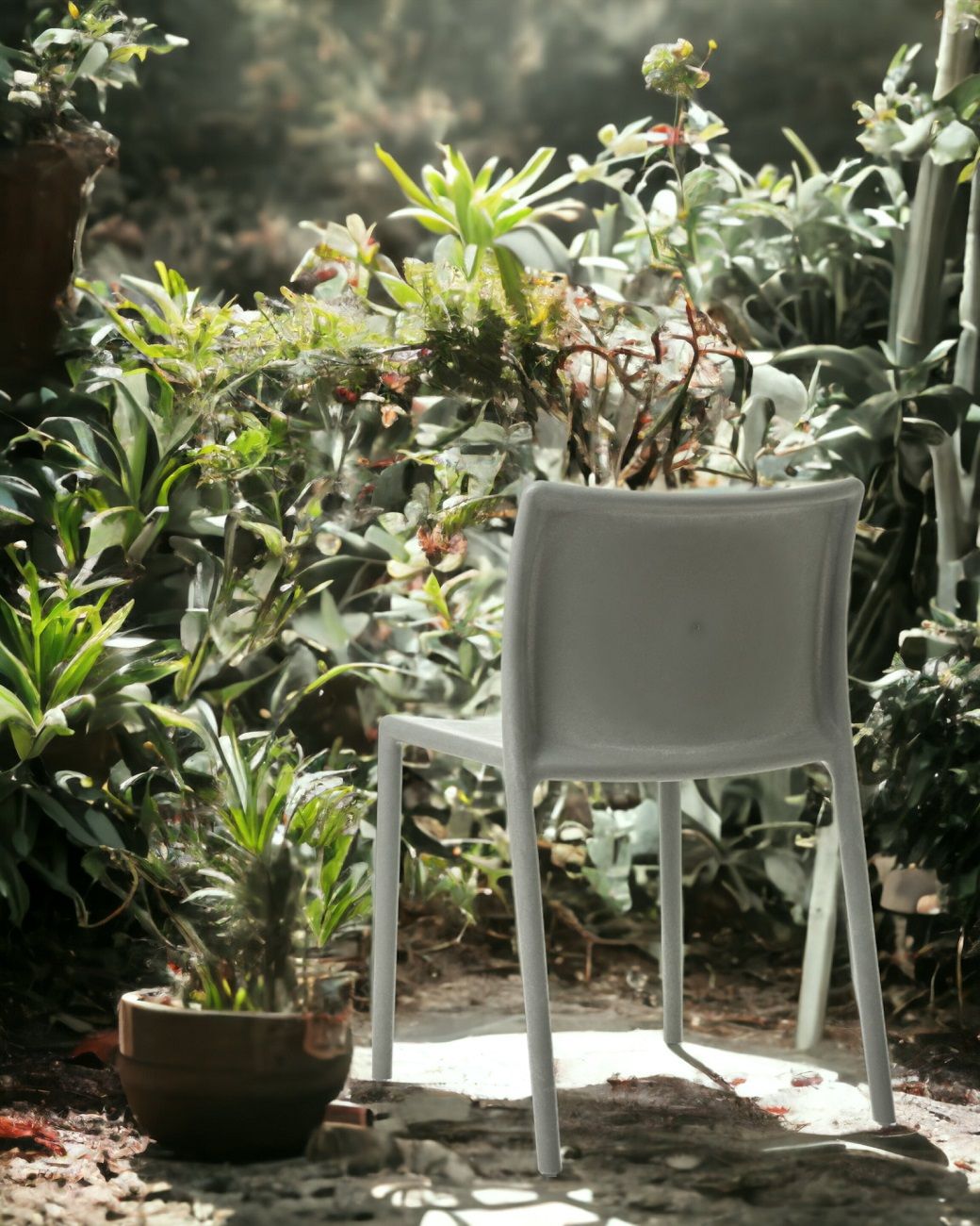 Magis RE Air-Chair, ein grauer, recycelter Stuhl für drinnen und draußen, im Garten platziert.