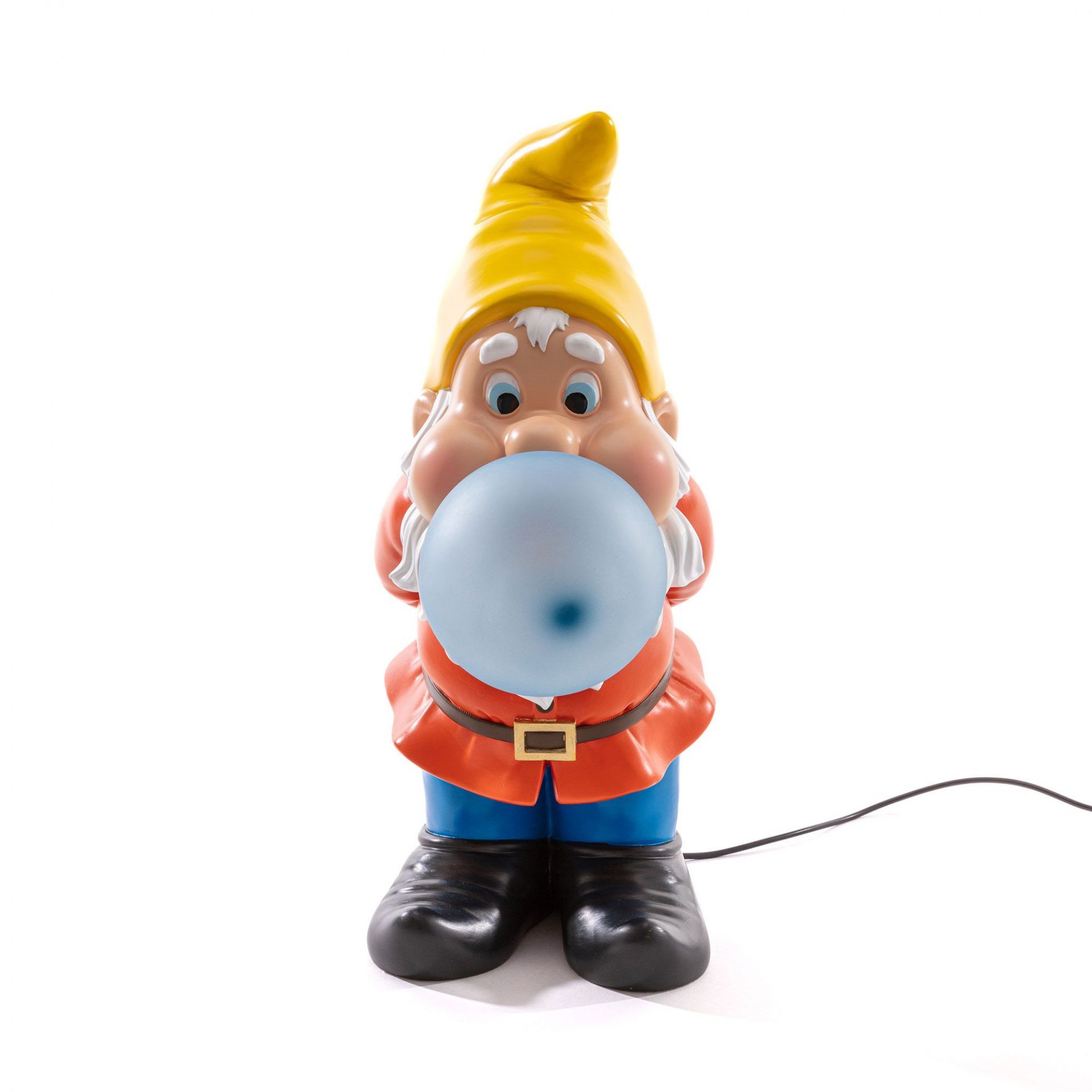 Gummy Snooping Lampe von Seletti: Gartenzwerg mit gelber Mütze und blauer Kaugummi-Blase.
