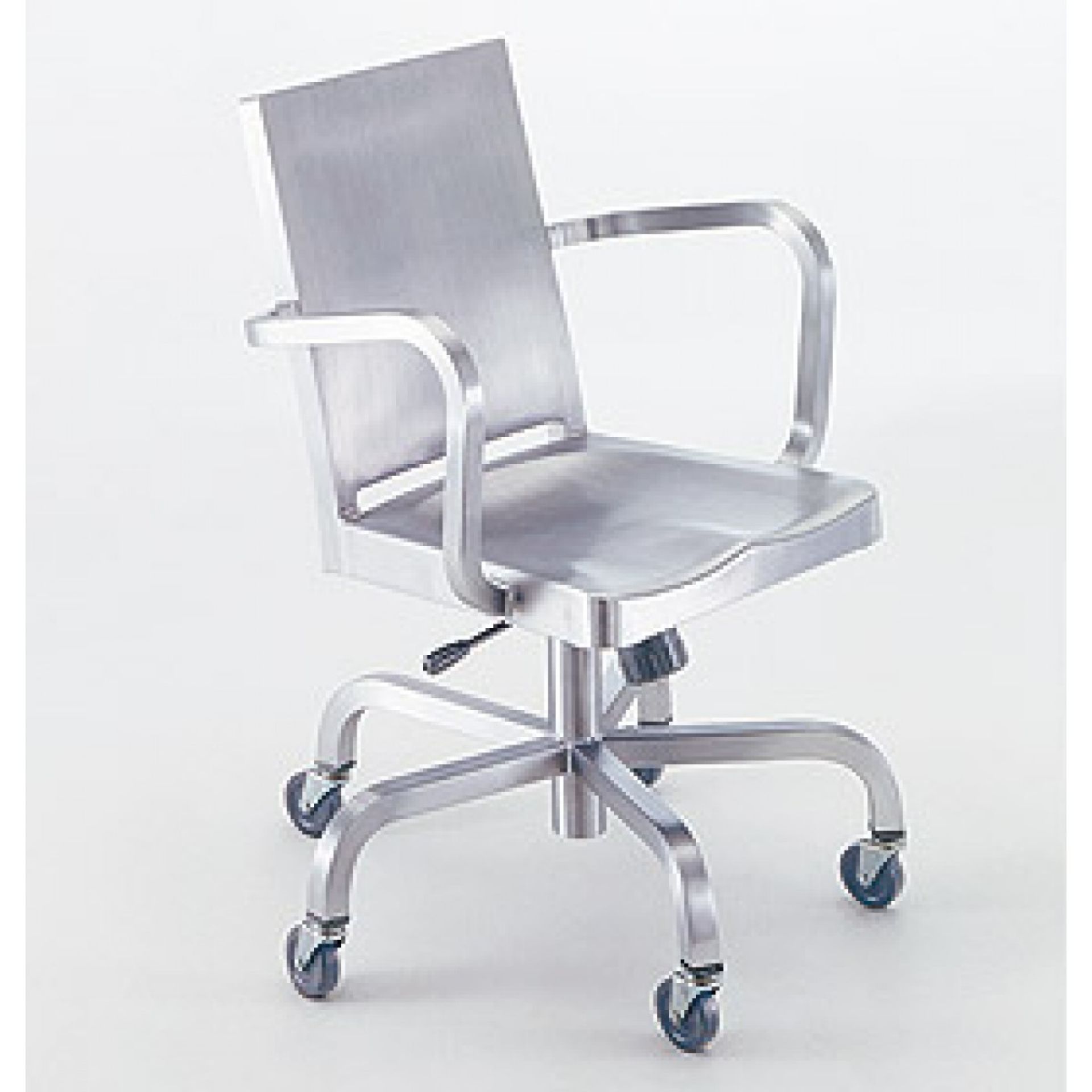 Hudson Drehstuhl von Emeco aus gebürstetem Aluminium mit Armlehnen und Rollen.