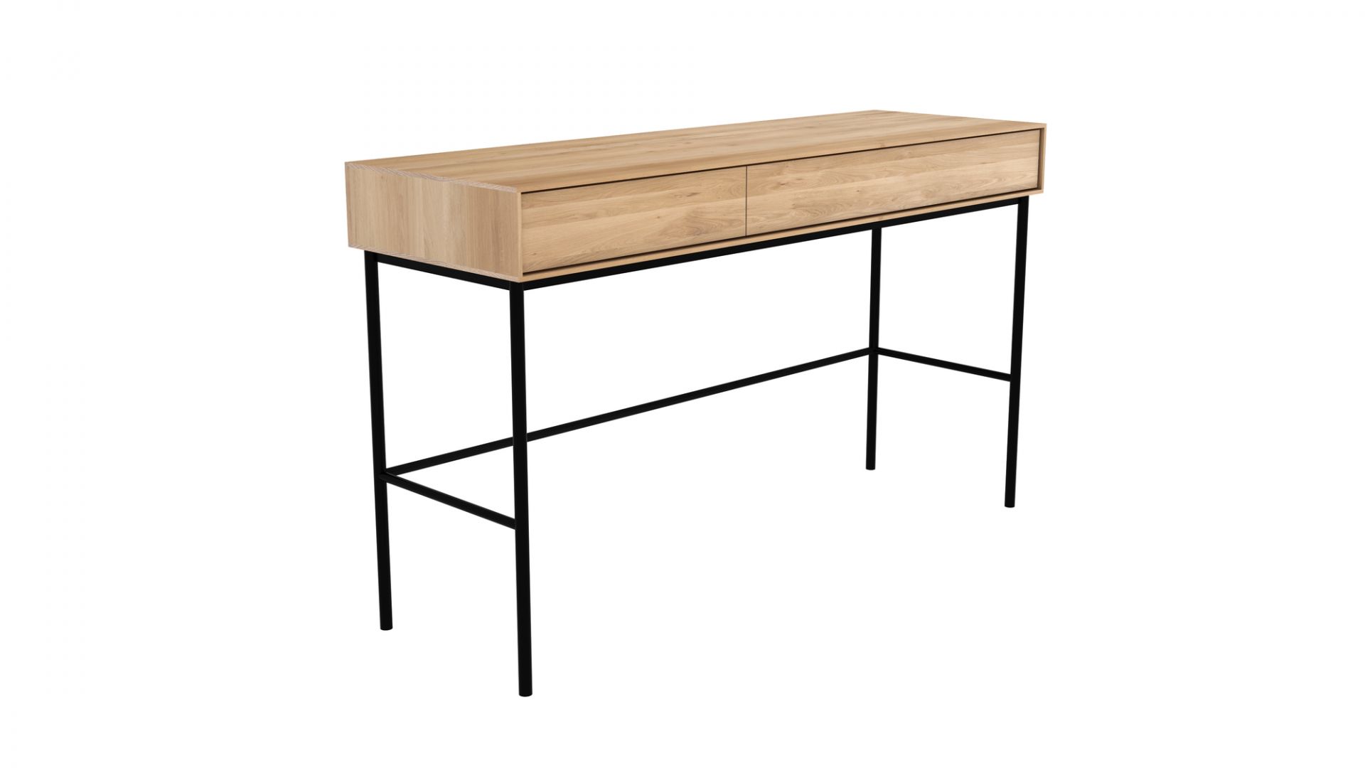 Whitebird Schreibtisch von Ethnicraft aus hellem Holz mit zwei Schubladen und schwarzem Metallgestell.