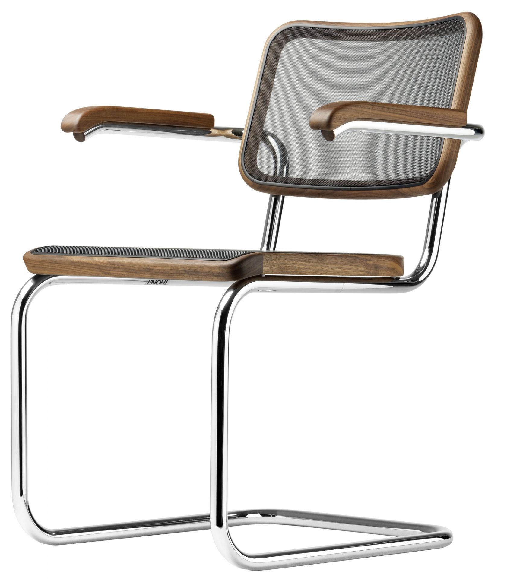 S 64 N Thonet Freischwinger Stuhl mit Stahlrohrgestell, Holzarmlehnen und Netzbespannung. Klassisches Design für Büro und Wohnbereich.