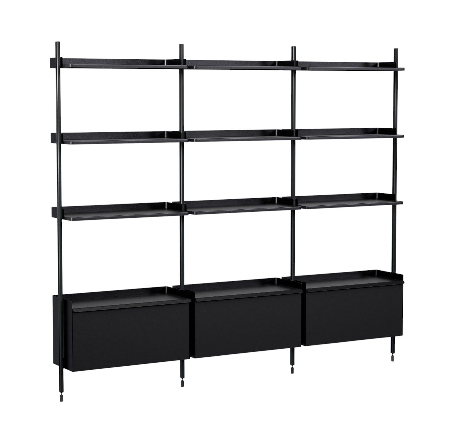 Schwarzes Hay Regal "Pier System" mit drei Säulen und Regalböden sowie Aufbewahrungsboxen.