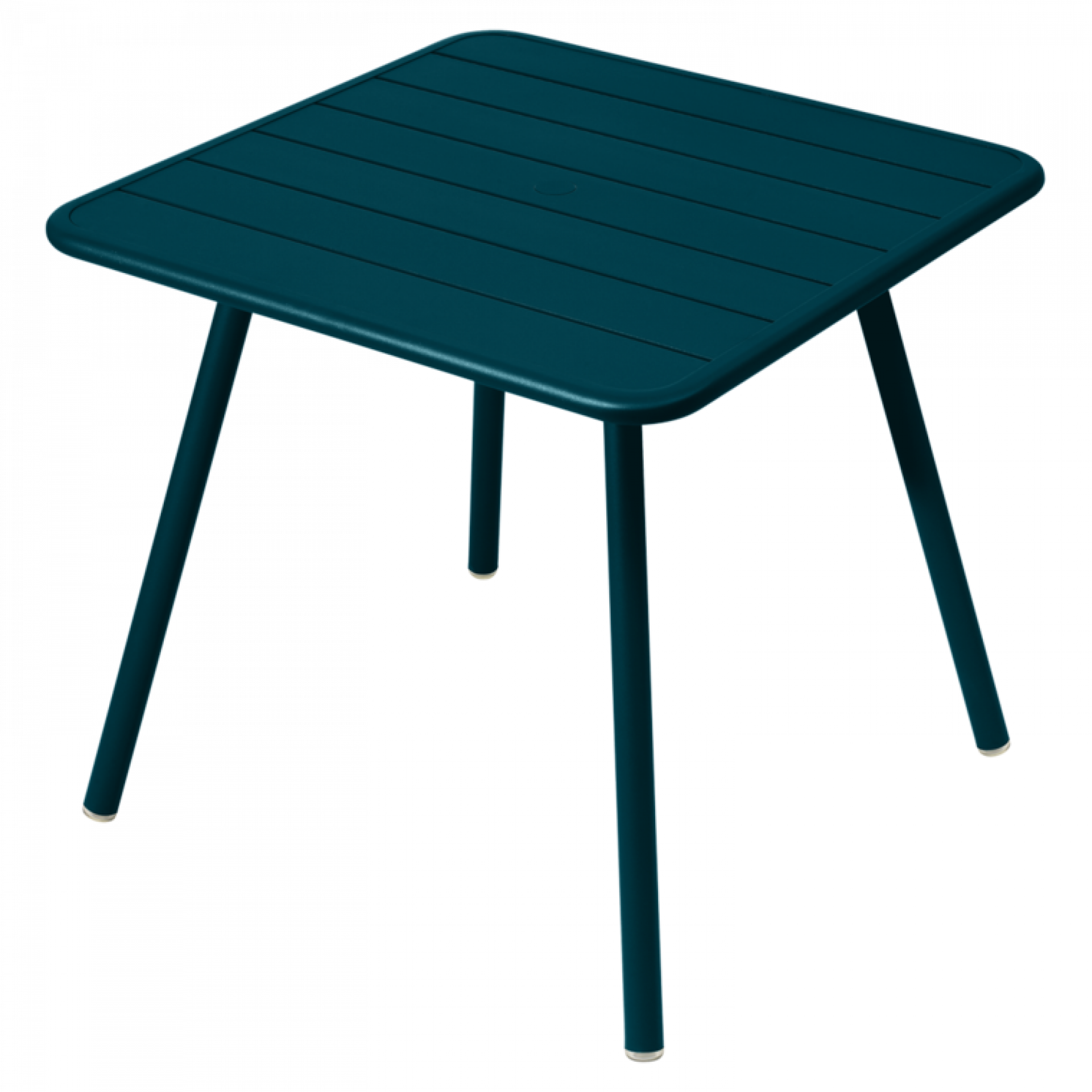 Blauer Luxembourg Outdoor Tisch von Fermob mit Vierfußgestell, ideal für Garten und Terrasse.
