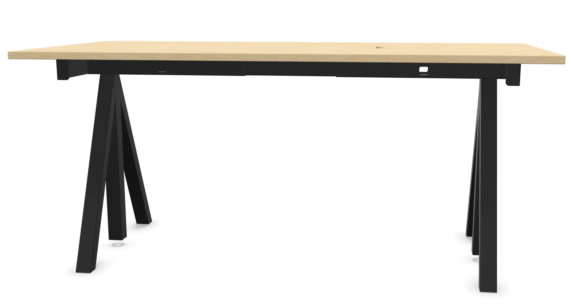 Wordesk Table Schreibtisch von String Furniture mit hellem Holz und schwarzem, modernem T-förmigen Gestell.