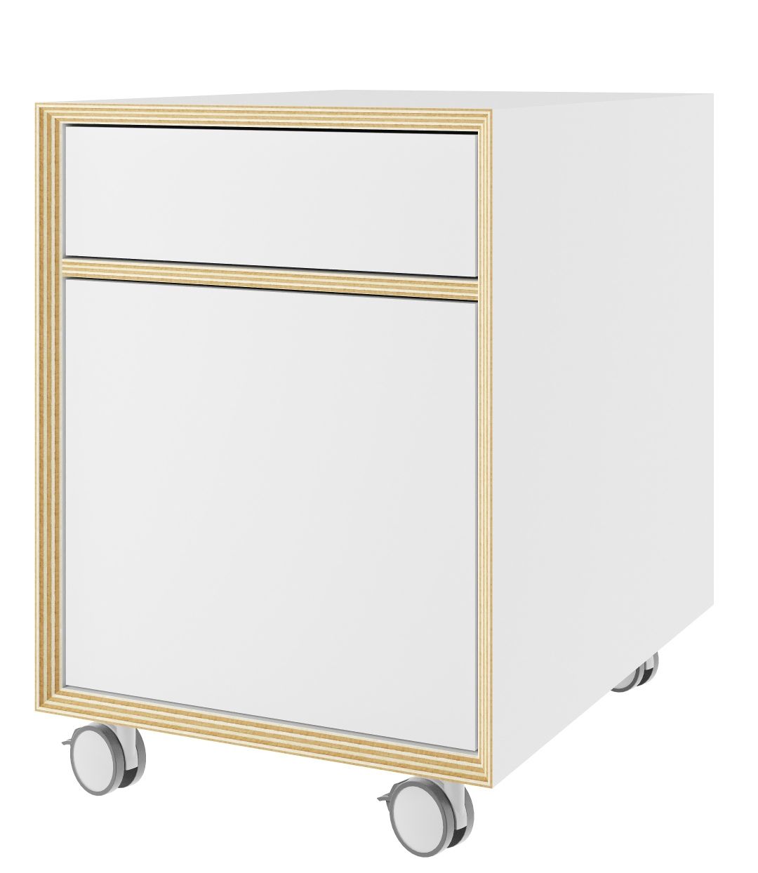 Weißer Bridge Rollcontainer von Müller Möbelwerkstätten mit zwei Schubladen und Rollen.