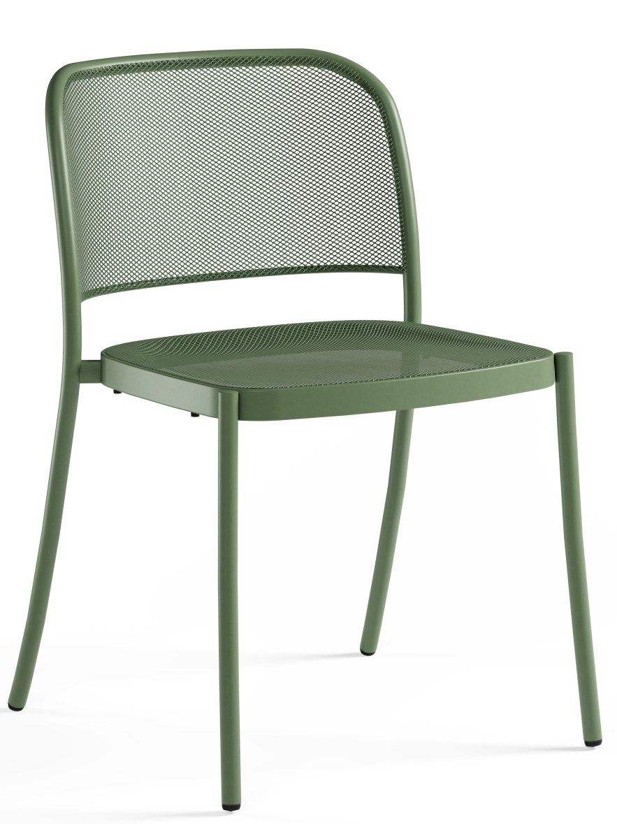 Café Chair von Emu, grüner Metallstuhl für den Außenbereich mit feinem Netzmuster.