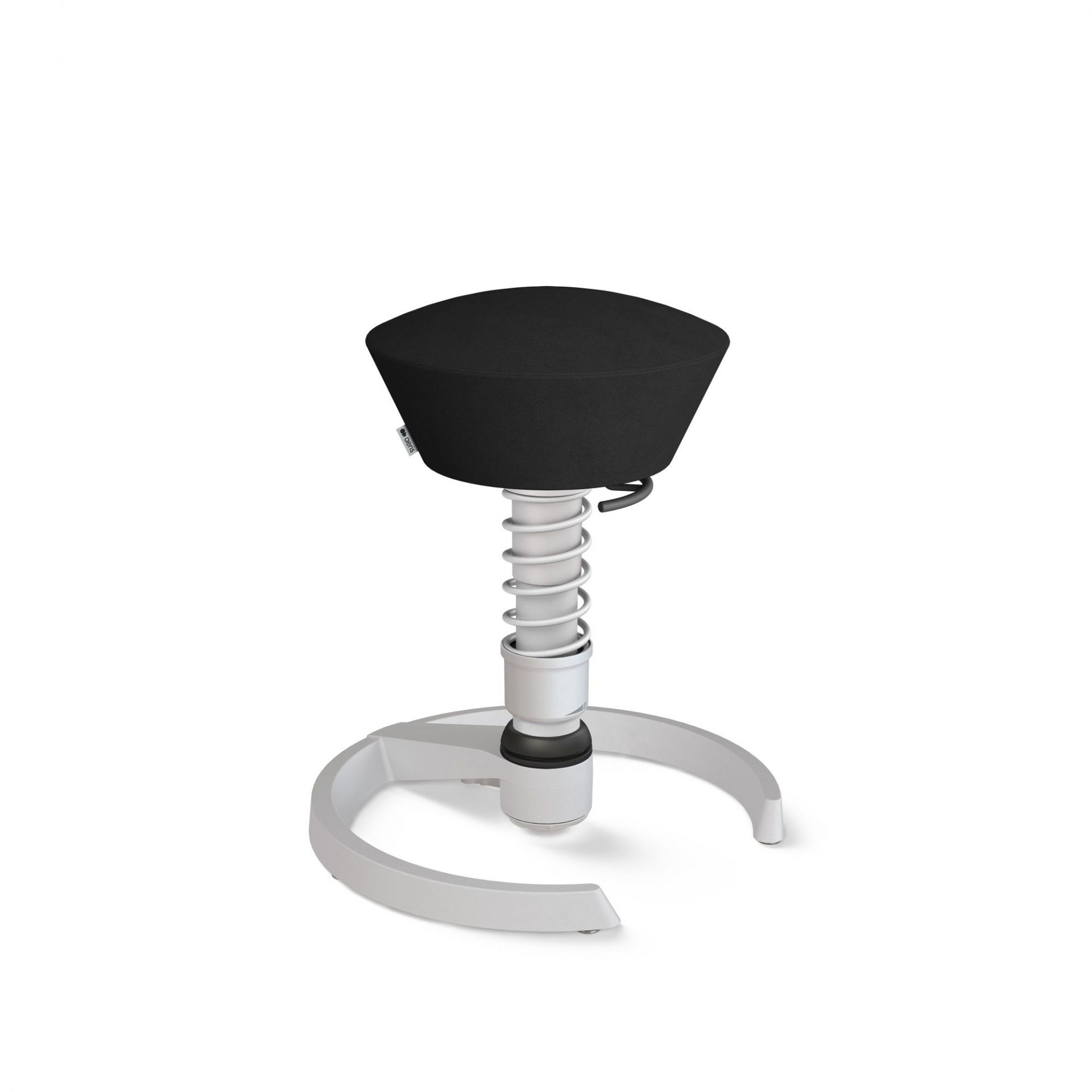 Aeris Swopper Aktiv-Hocker in Schwarz mit Federbein und weißem Fußkreuz für ergonomisches Sitzen.