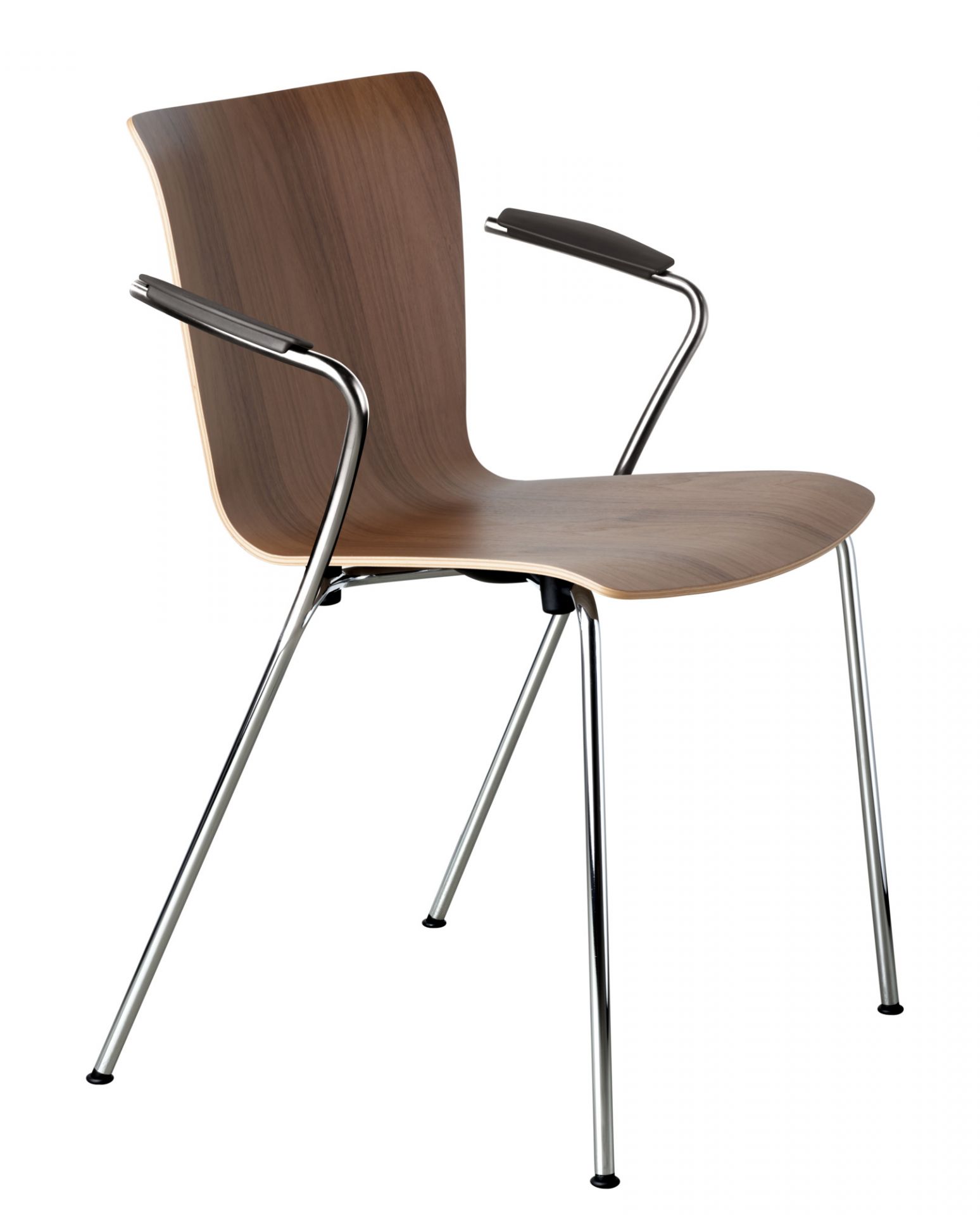 Vico Duo Stuhl von Fritz Hansen mit Armlehnen und verchromtem Stahlgestell, Walnuss-Holz.