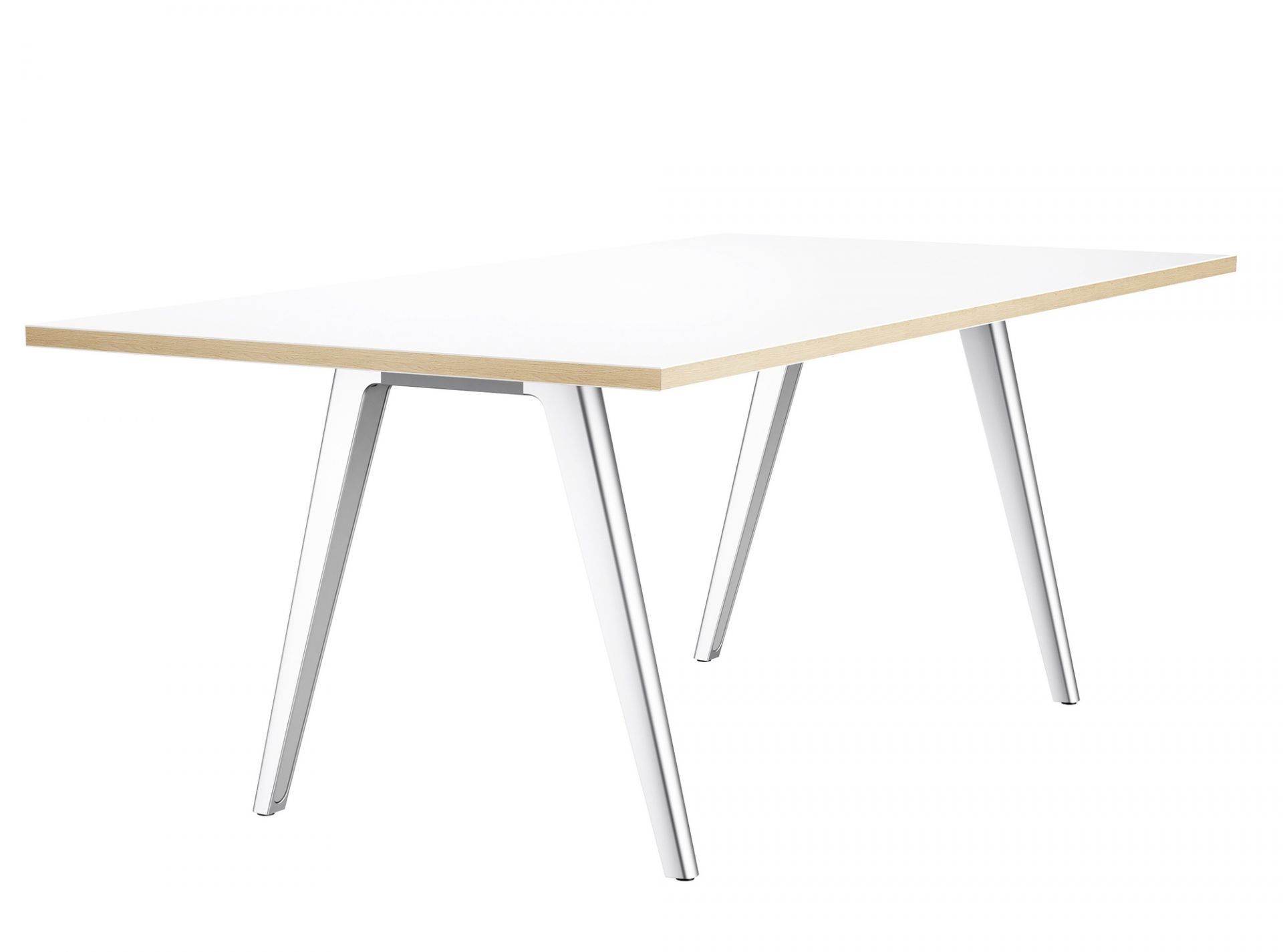 Weißer Thonet Tisch 1500 mit hellen Holzdetails und silbernen Beinen, ideal für moderne Büros.