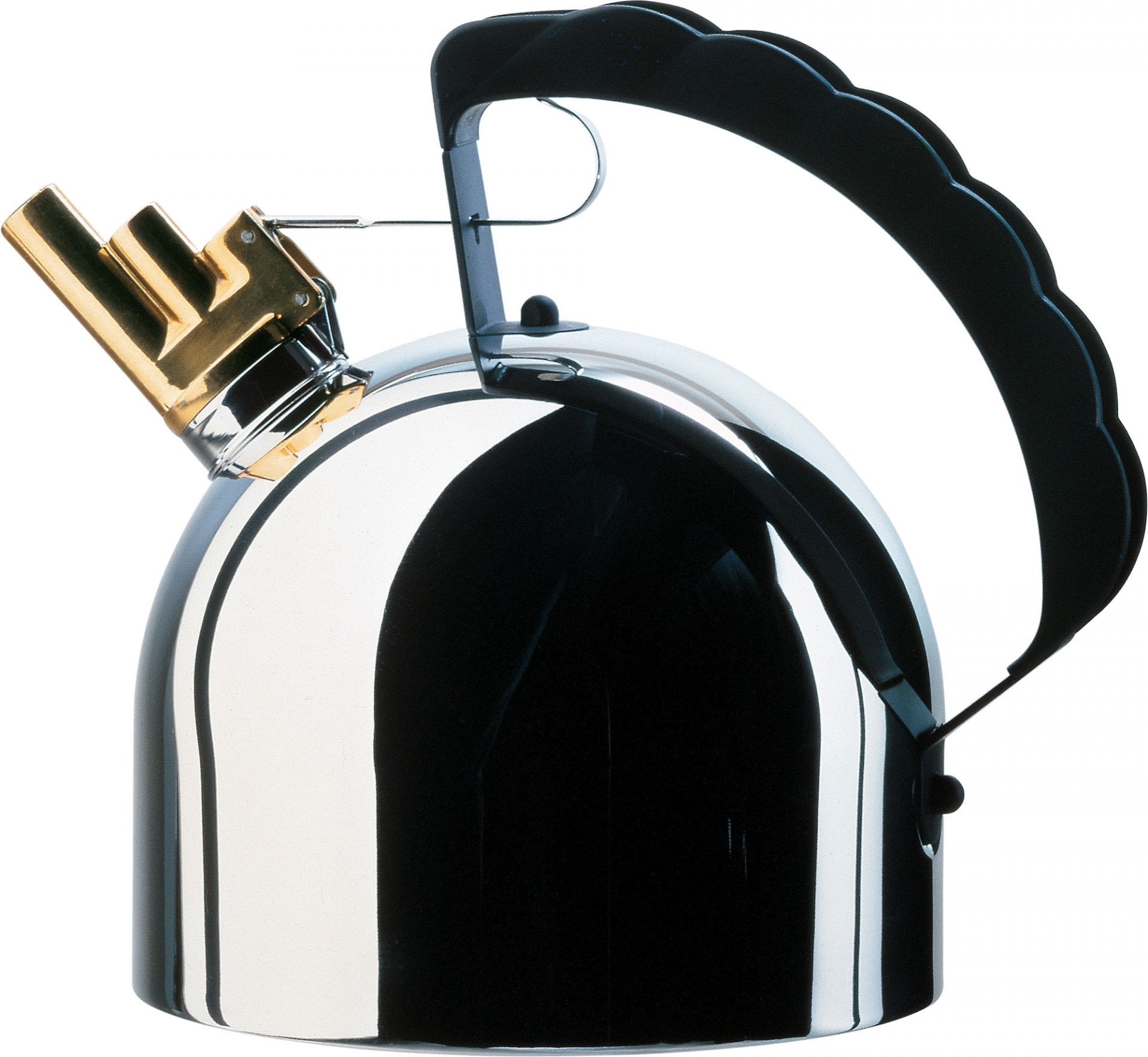 Glänzender Alessi 9091 FM Wasserkessel aus Edelstahl mit schwarzem Griff und goldfarbener Pfeife.