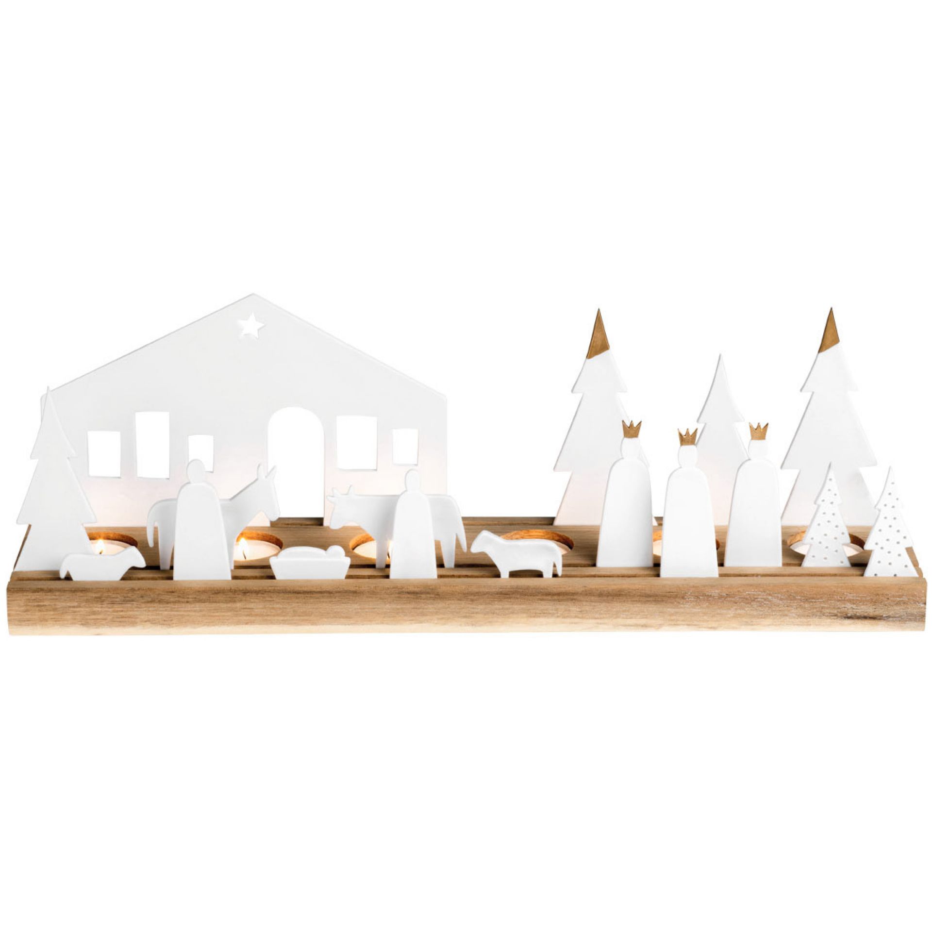 Living Xmas Krippe: Lichtobjekt mit weißer Krippenszene, Holzsockel und warmem Kerzenlicht für stimmungsvolle Weihnachten.