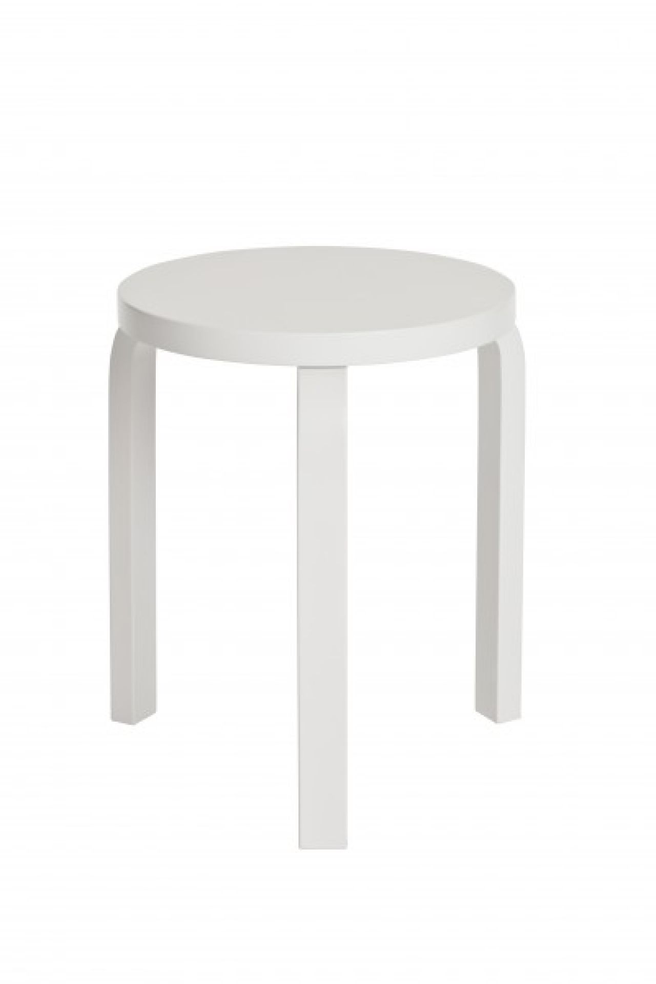 Weißer Artek Hocker 60 mit runder Sitzfläche und drei Beinen, skandinavisches Design für Wohnzimmer und Küche.