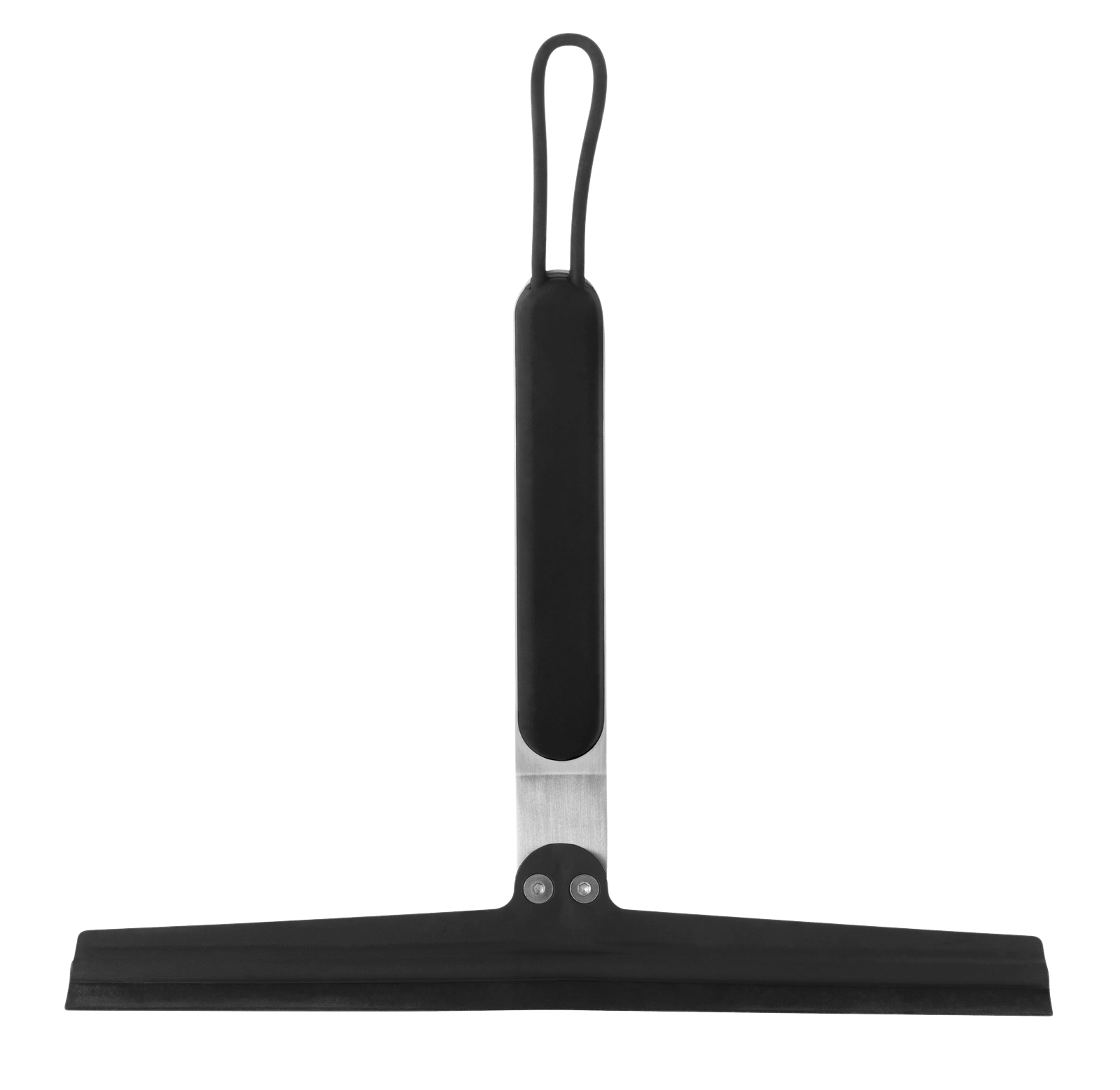 Schwarzer Vipp Duschabzieher mit Edelstahl-Elementen und Aufhängeschlaufe für die Dusche oder das Bad.
