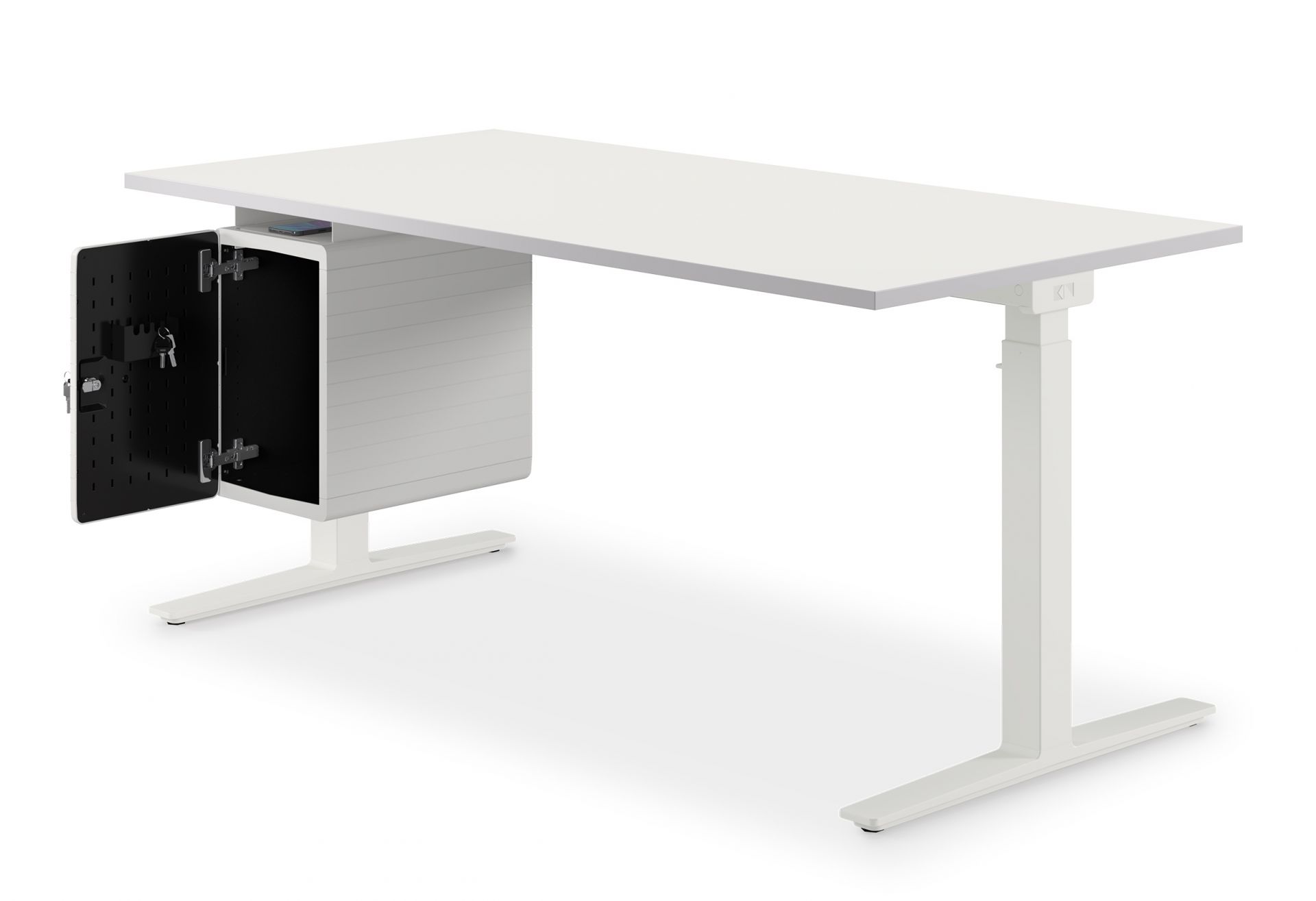 Weißer, höhenverstellbarer Schreibtisch von König und Neurath mit geöffnetem Personalbox Container für Büroorganisation und Stauraum.