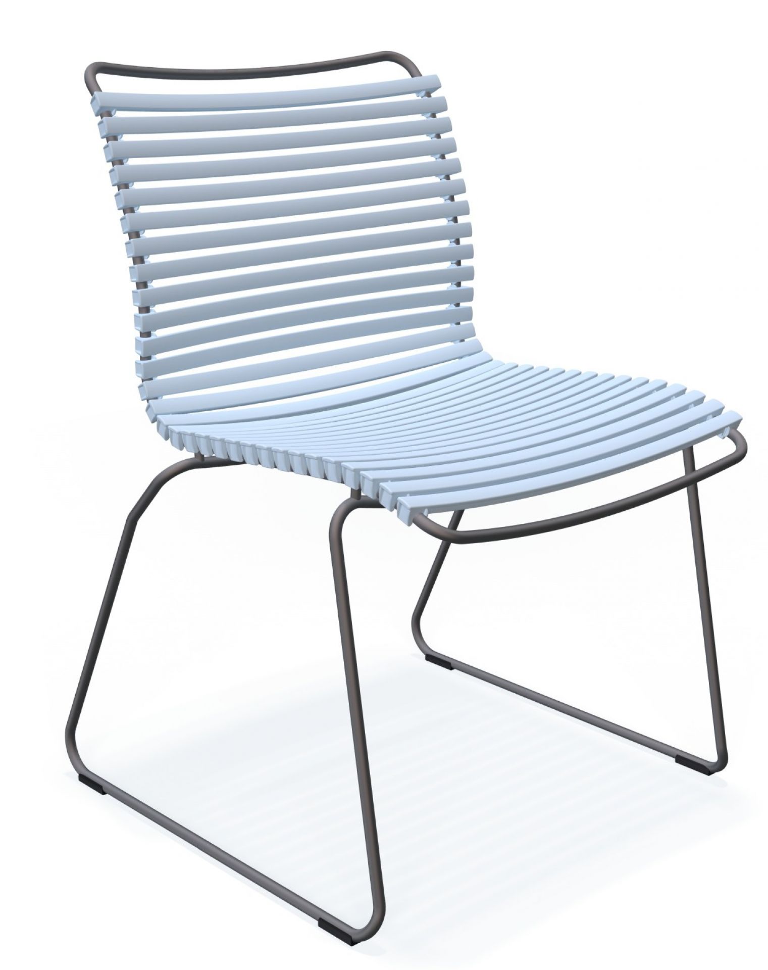 Click Dining Stuhl von Houe, dunkelblaue Outdoor Sitzgelegenheit ohne Armlehne mit Stahlgestell.