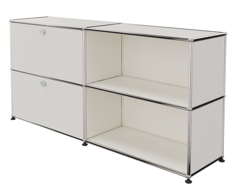 USM Haller Sideboard in Reinweiß mit zwei offenen Fächern und zwei Klappen links.