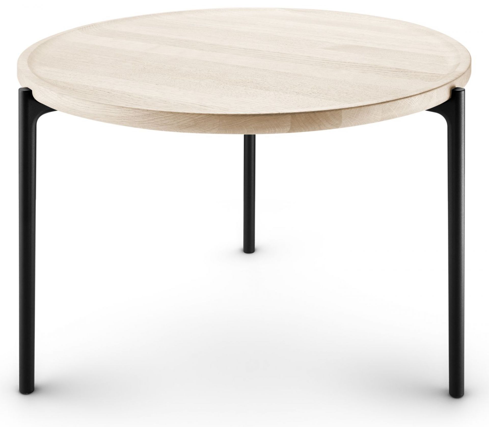 Savoye Tisch: Runder Beistelltisch mit weißer Eichenplatte und schwarzen Metallbeinen. Moderner Couchtisch.