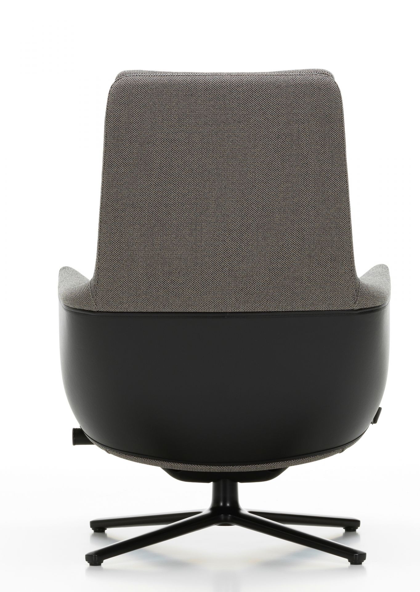 Rückansicht des Vitra Grand Relax Sessels in Grau und Schwarz mit Drehfußkreuz.