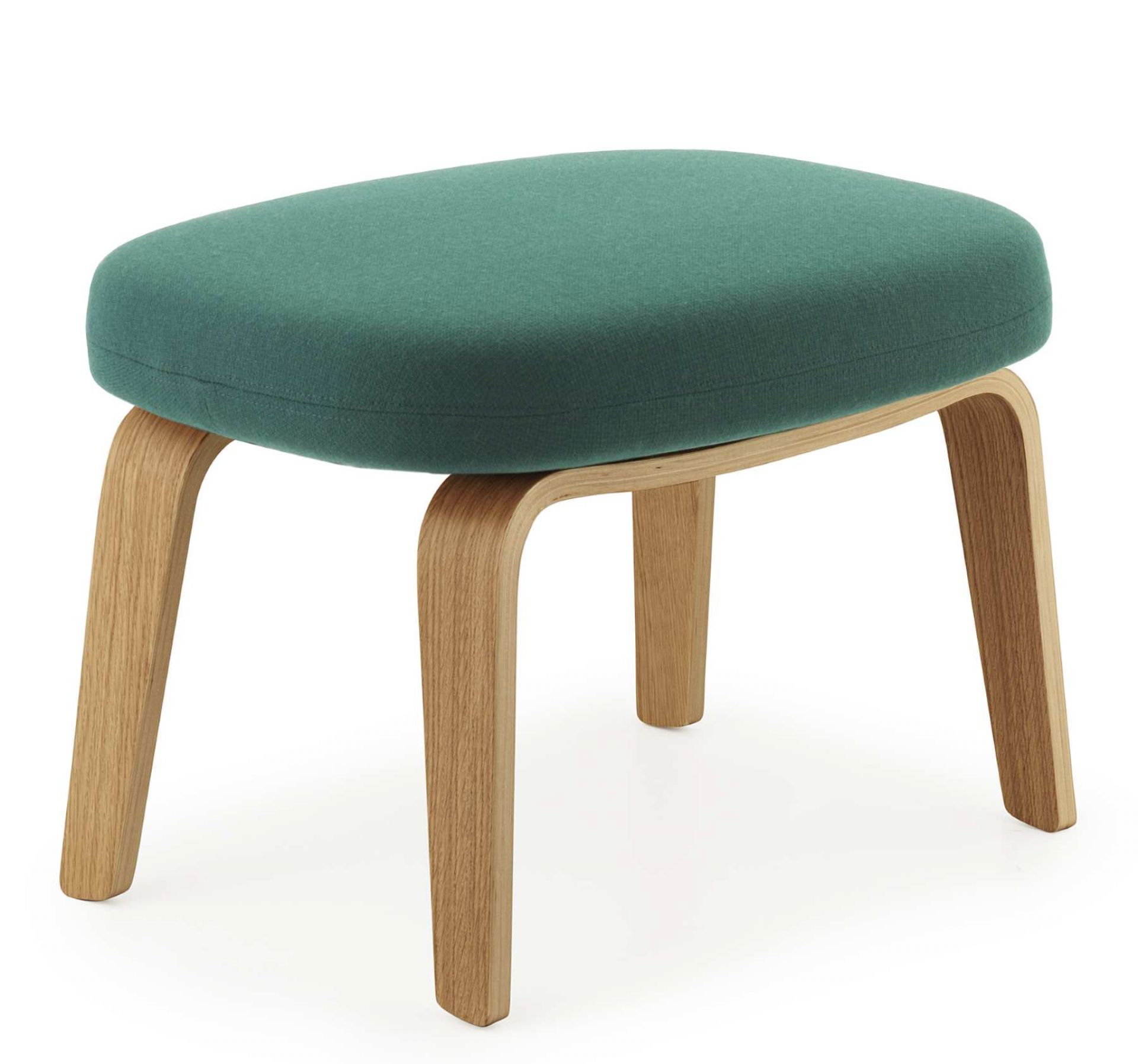 Era Footstool von Normann Copenhagen: Moderner Fußhocker mit türkisfarbenem Stoffbezug und hellem Holzgestell.