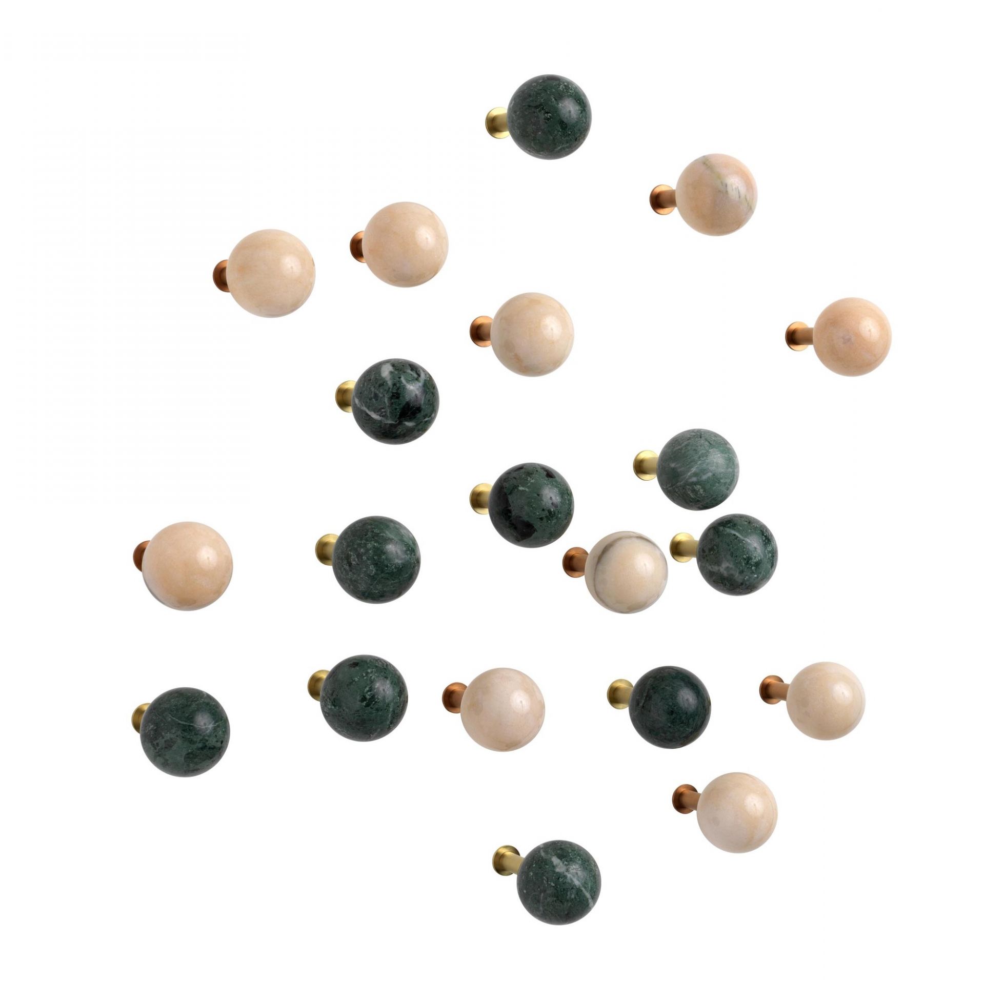 Nahaufnahme von Schönbuch Dots Stone Wandhaken in Schwarz und Beige, moderne Wanddekoration.